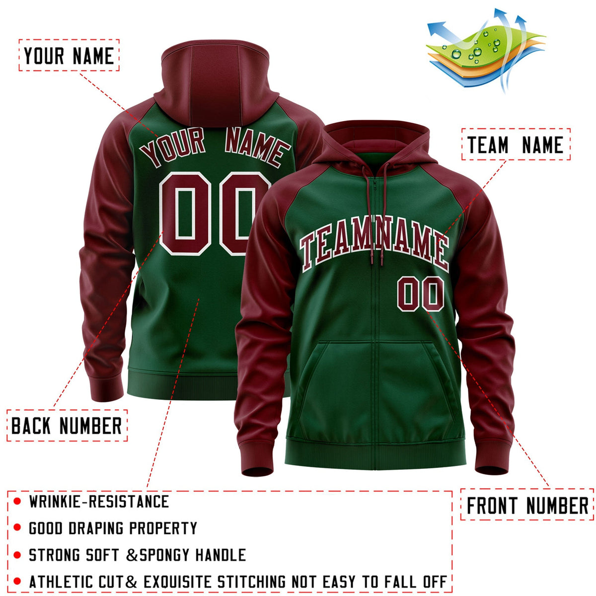 Custom Stitched Green Crimson-White Raglan Sleeves Sports Full-Zip Sweatshirt Hoodie| KXKSHOP
