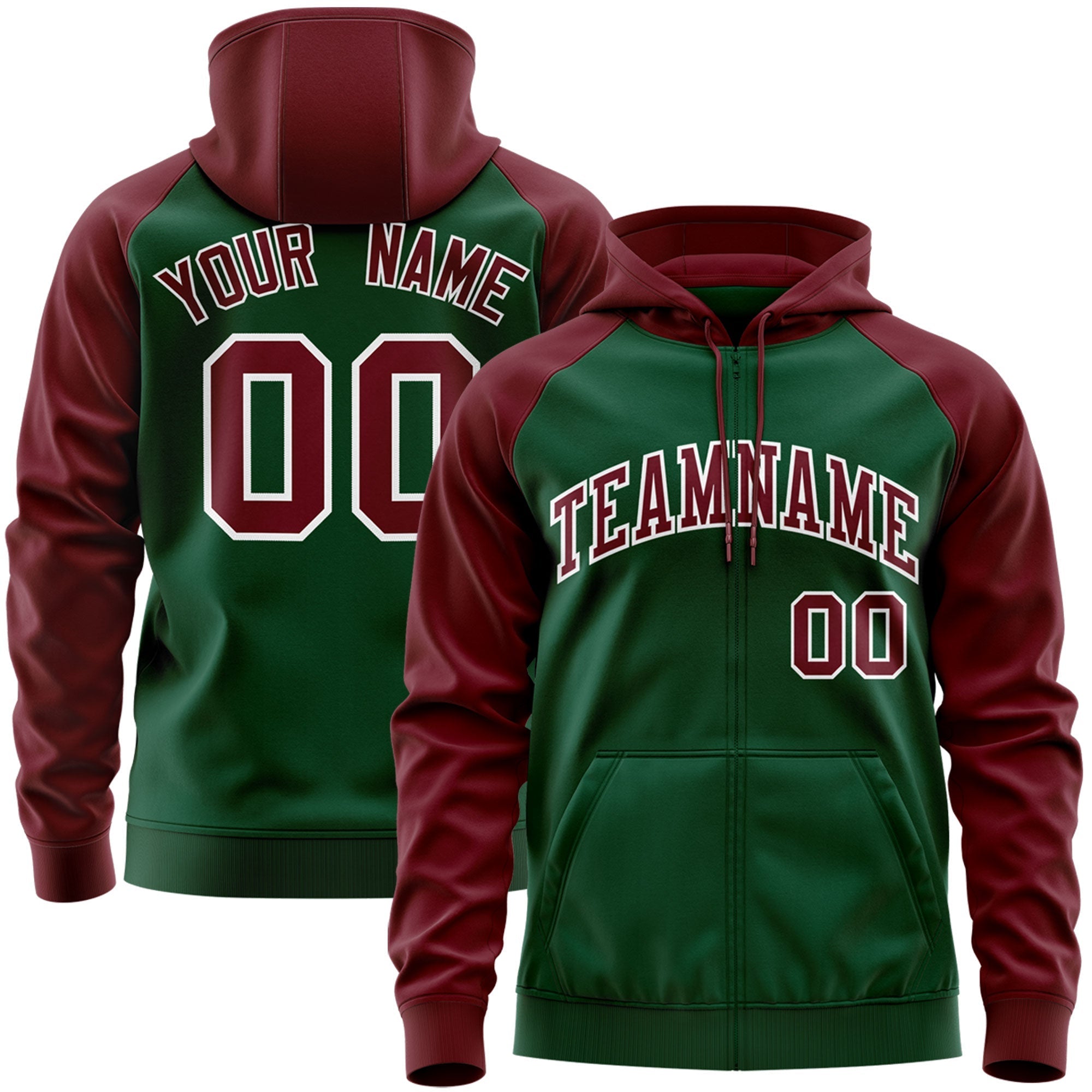 Custom Stitched Green Crimson-White Raglan Sleeves Sports Full-Zip Sweatshirt Hoodie| KXKSHOP