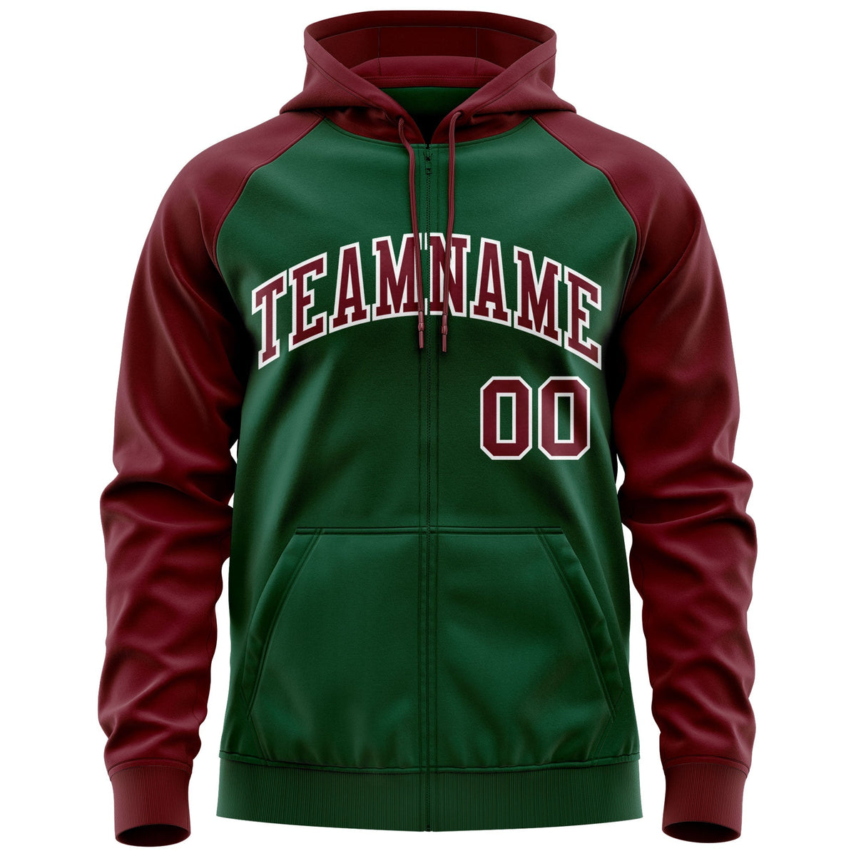 Custom Stitched Green Crimson-White Raglan Sleeves Sports Full-Zip Sweatshirt Hoodie| KXKSHOP