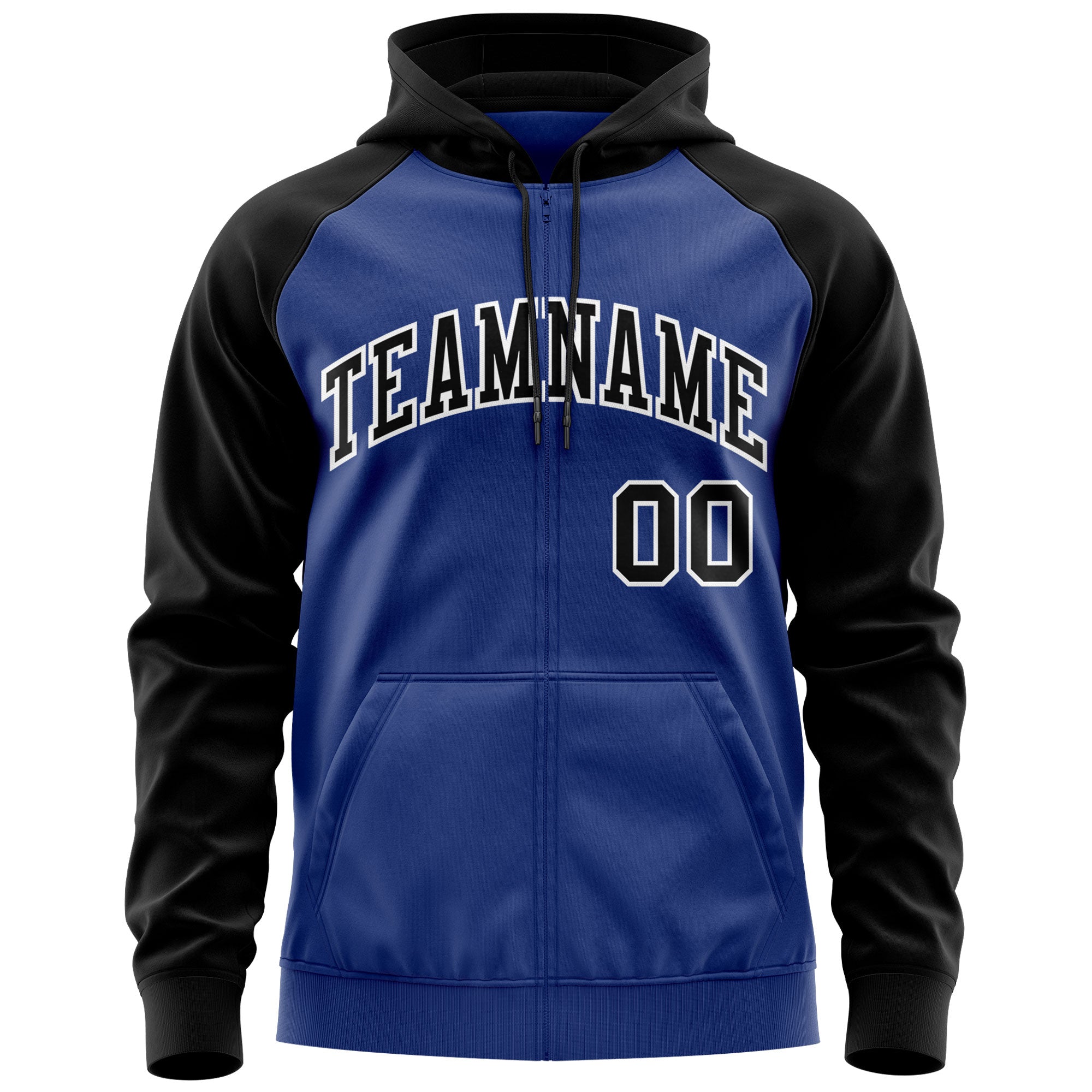 Custom Stitched Royal Black-White Raglan Sleeves Sports Full-Zip Sweatshirt Hoodie| KXKSHOP