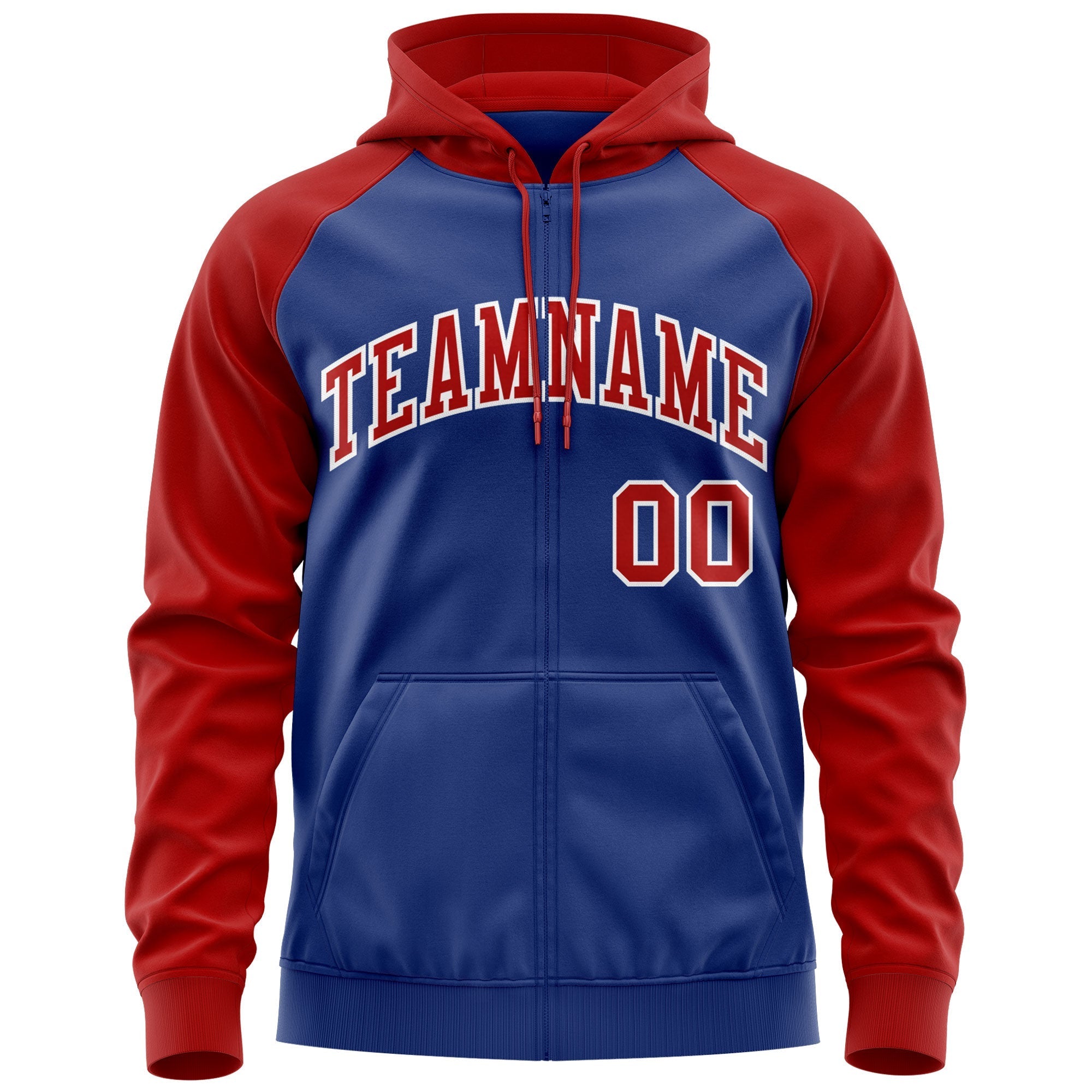 Custom Stitched Royal Red-White Raglan Sleeves Sports Full-Zip Sweatshirt Hoodie| KXKSHOP