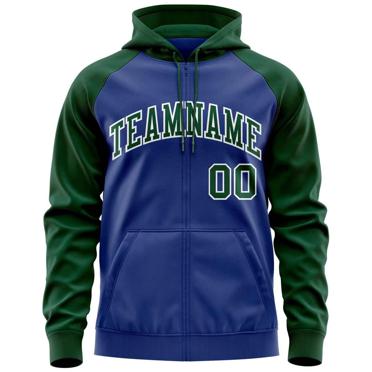 Custom Stitched Royal Green-White Raglan Sleeves Sports Full-Zip Sweatshirt Hoodie| KXKSHOP