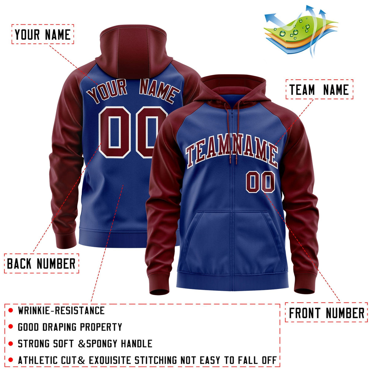 Custom Stitched Royal Crimson-White Raglan Sleeves Sports Full-Zip Sweatshirt Hoodie| KXKSHOP