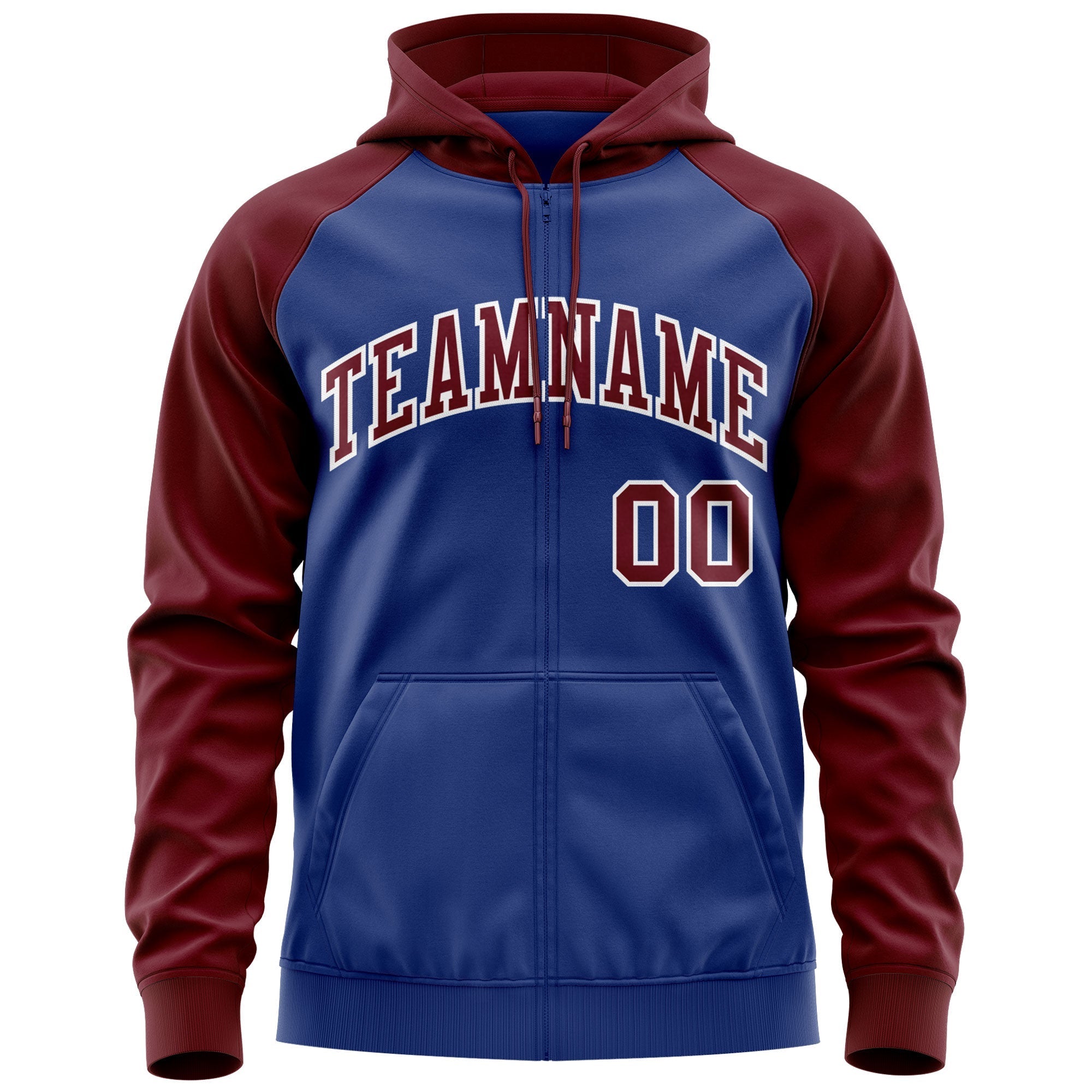 Custom Stitched Royal Crimson-White Raglan Sleeves Sports Full-Zip Sweatshirt Hoodie| KXKSHOP