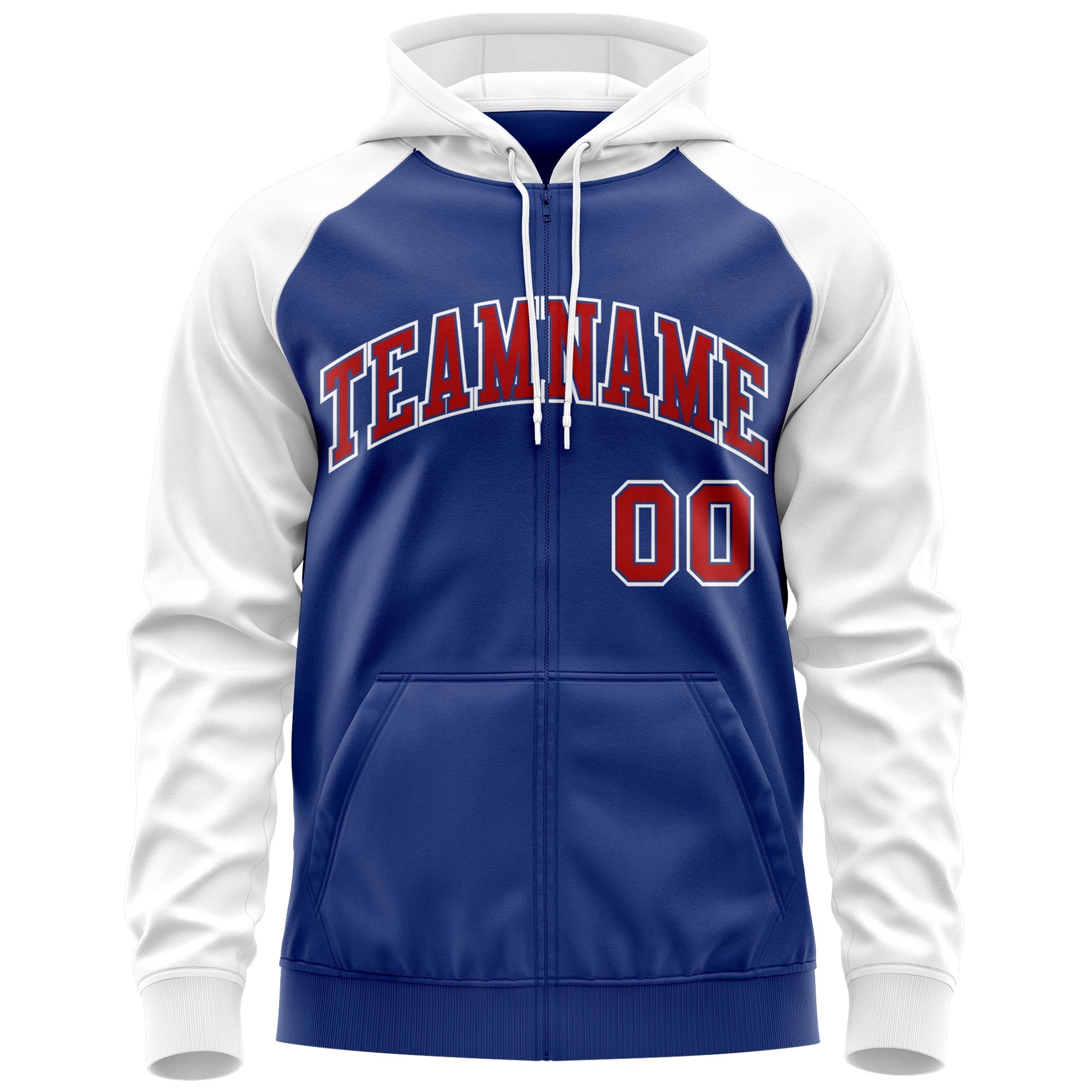 Custom Stitched Royal Red-White Raglan Sleeves Sports Full-Zip Sweatshirt Hoodie| KXKSHOP