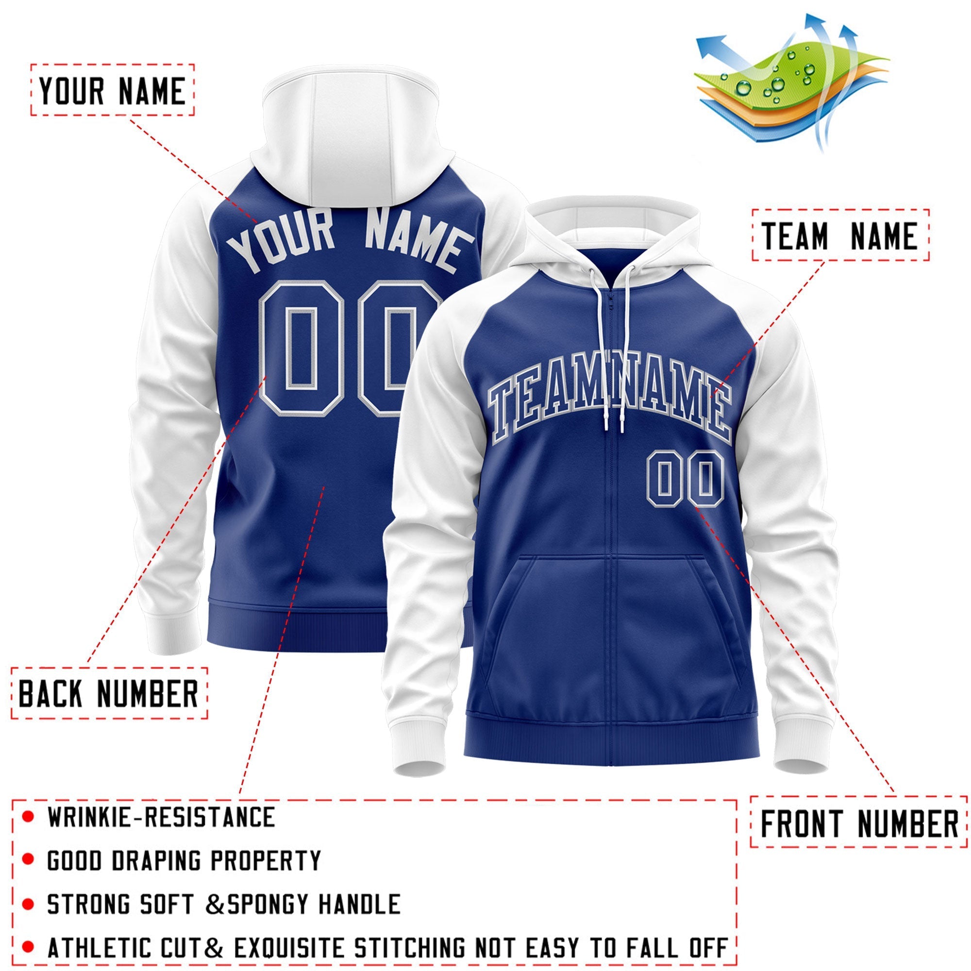 Custom Stitched Royal White-Gray Raglan Sleeves Sports Full-Zip Sweatshirt Hoodie| KXKSHOP