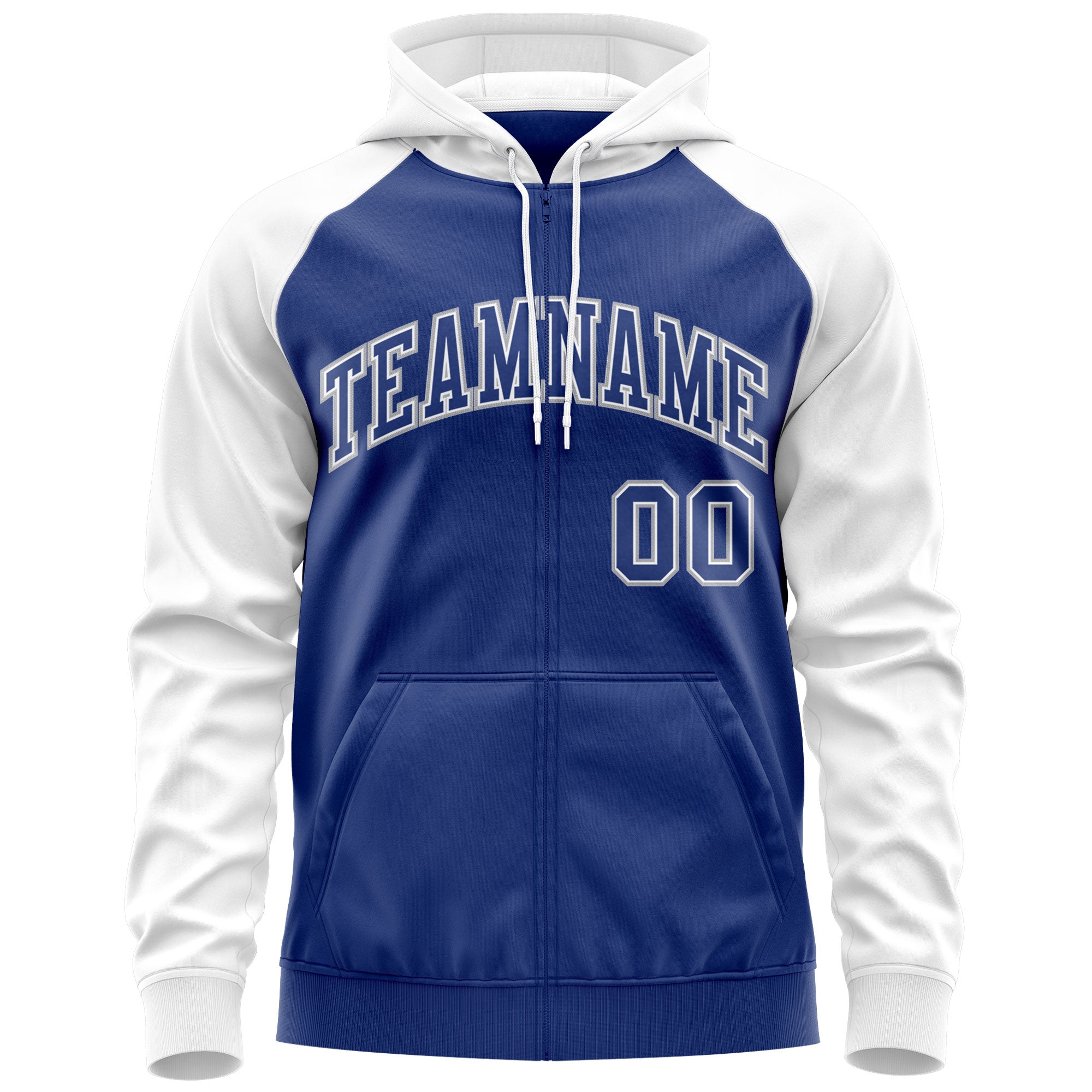 Custom Stitched Royal White-Gray Raglan Sleeves Sports Full-Zip Sweatshirt Hoodie| KXKSHOP