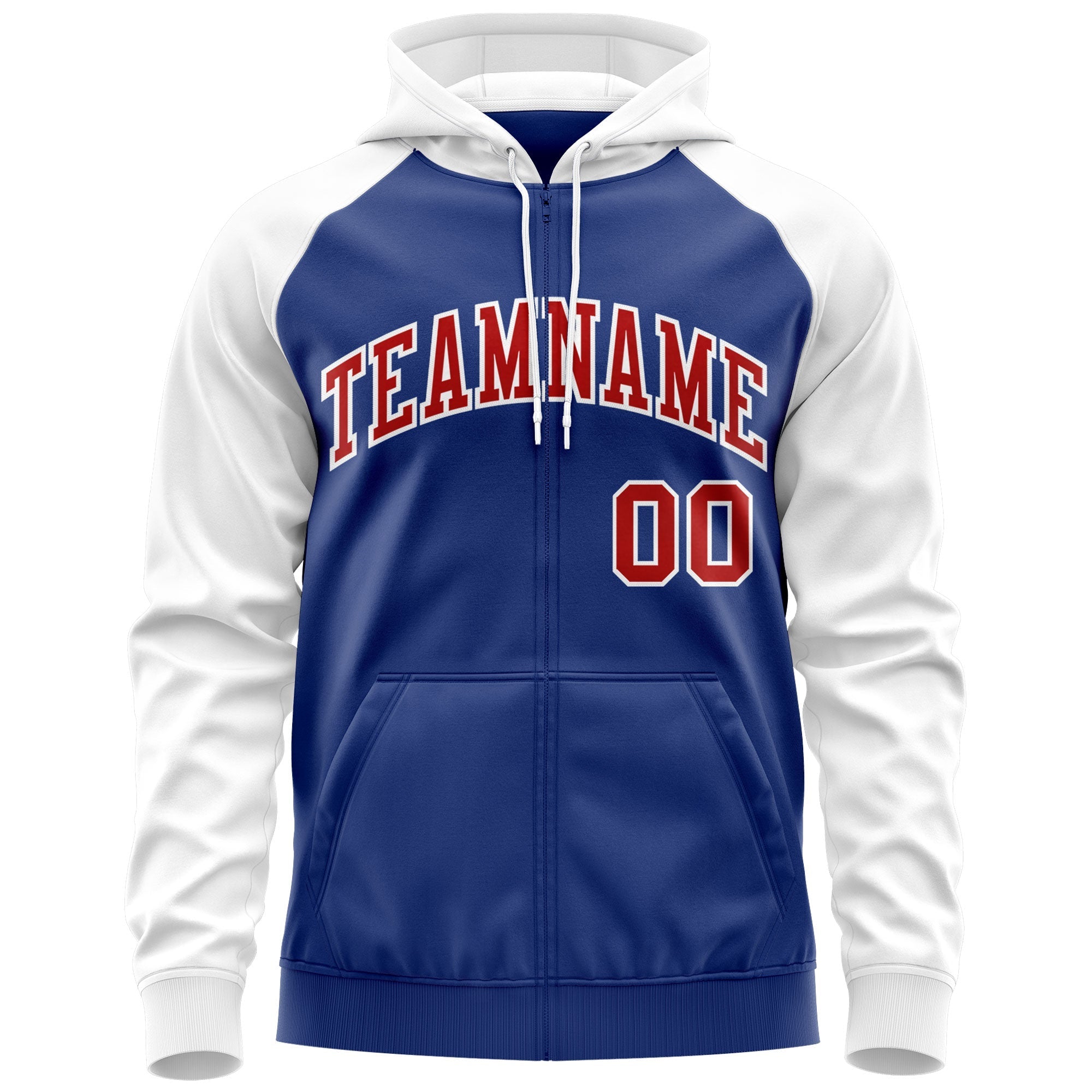 Custom Stitched Royal Red-White Raglan Sleeves Sports Full-Zip Sweatshirt Hoodie| KXKSHOP