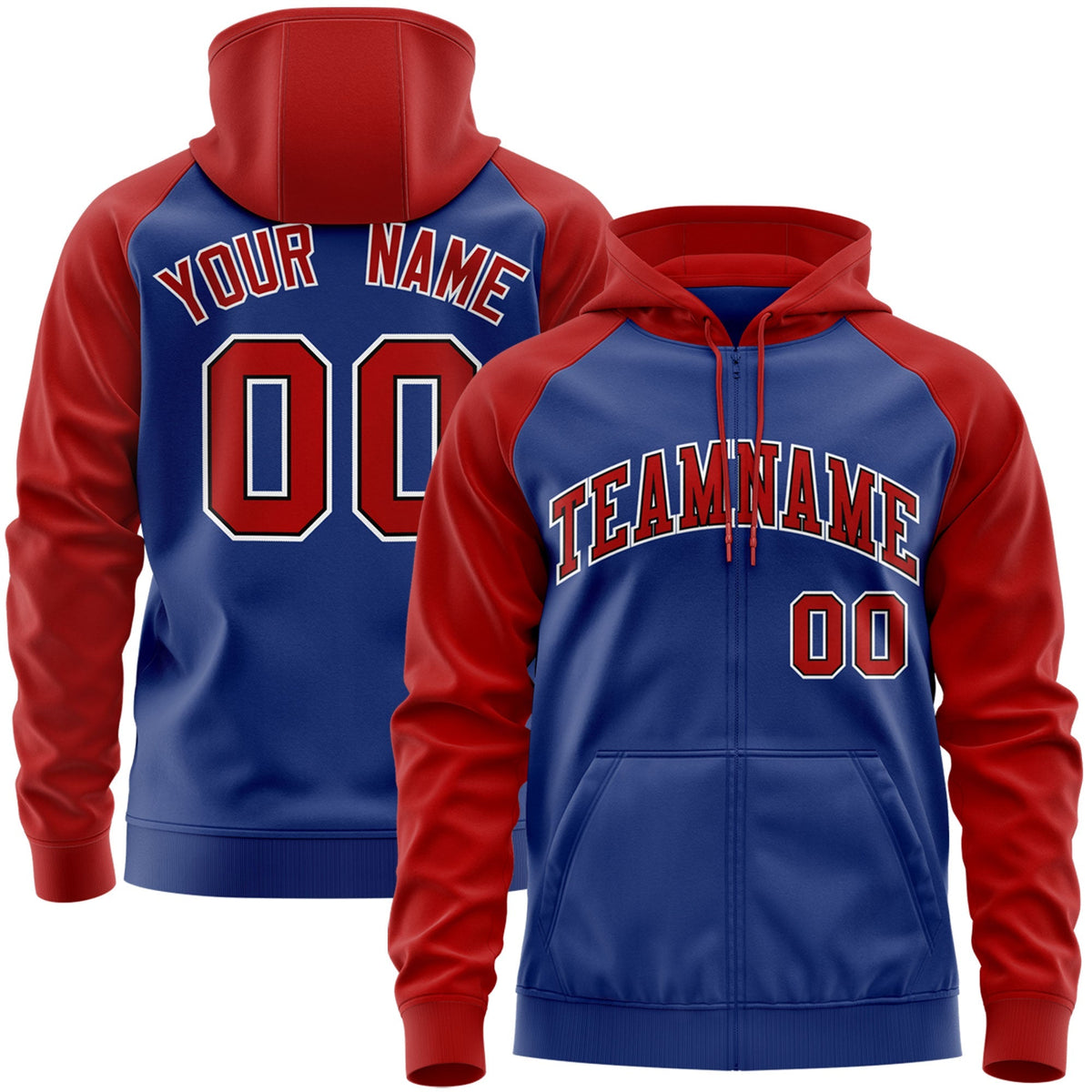 Custom Stitched Royal Red-White Raglan Sleeves Sports Full-Zip Sweatshirt Hoodie| KXKSHOP