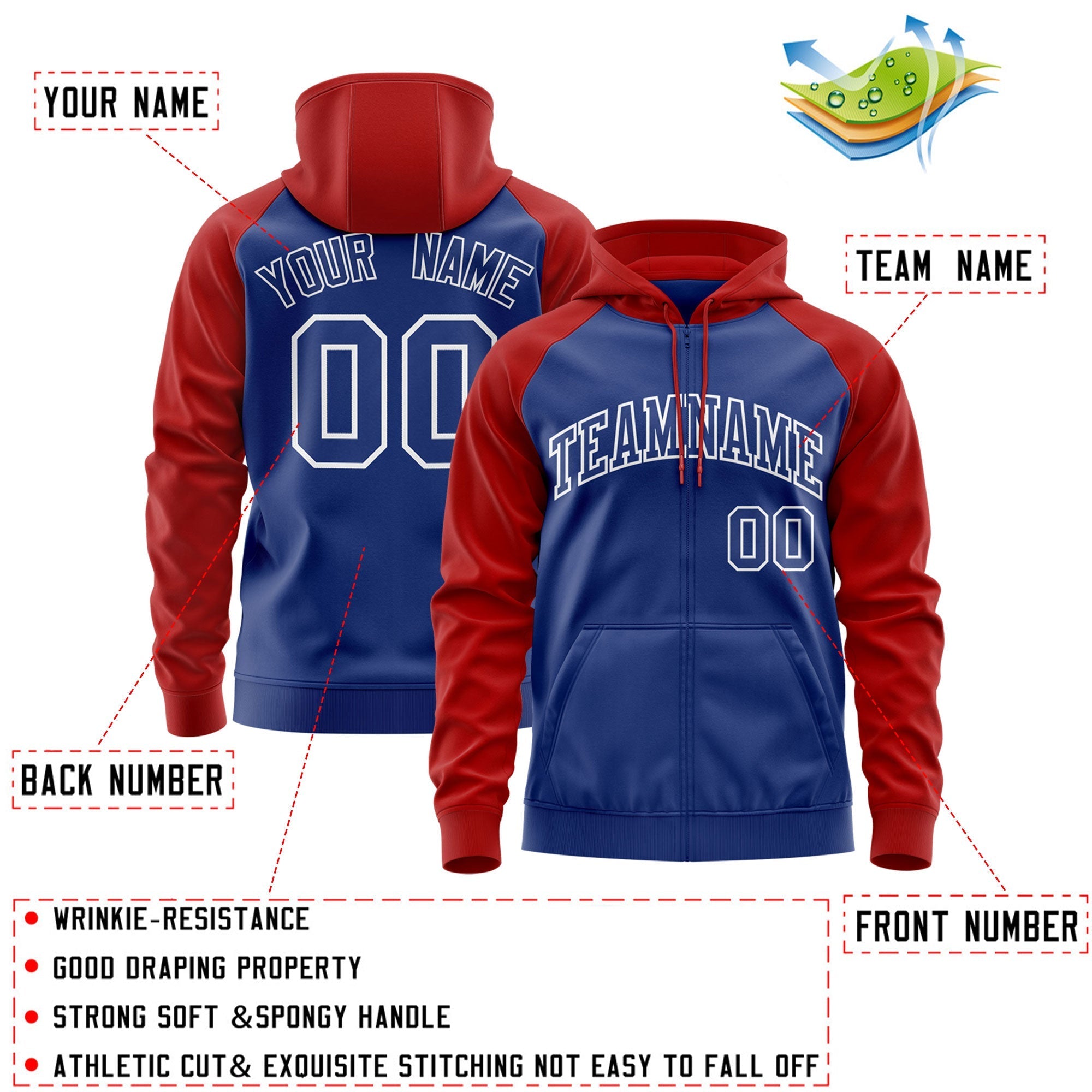 Custom Stitched Royal Red-White Raglan Sleeves Sports Full-Zip Sweatshirt Hoodie| KXKSHOP