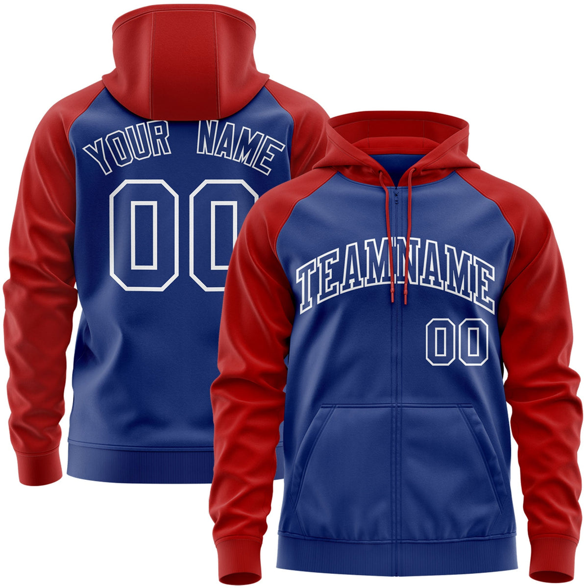 Custom Stitched Royal Red-White Raglan Sleeves Sports Full-Zip Sweatshirt Hoodie| KXKSHOP