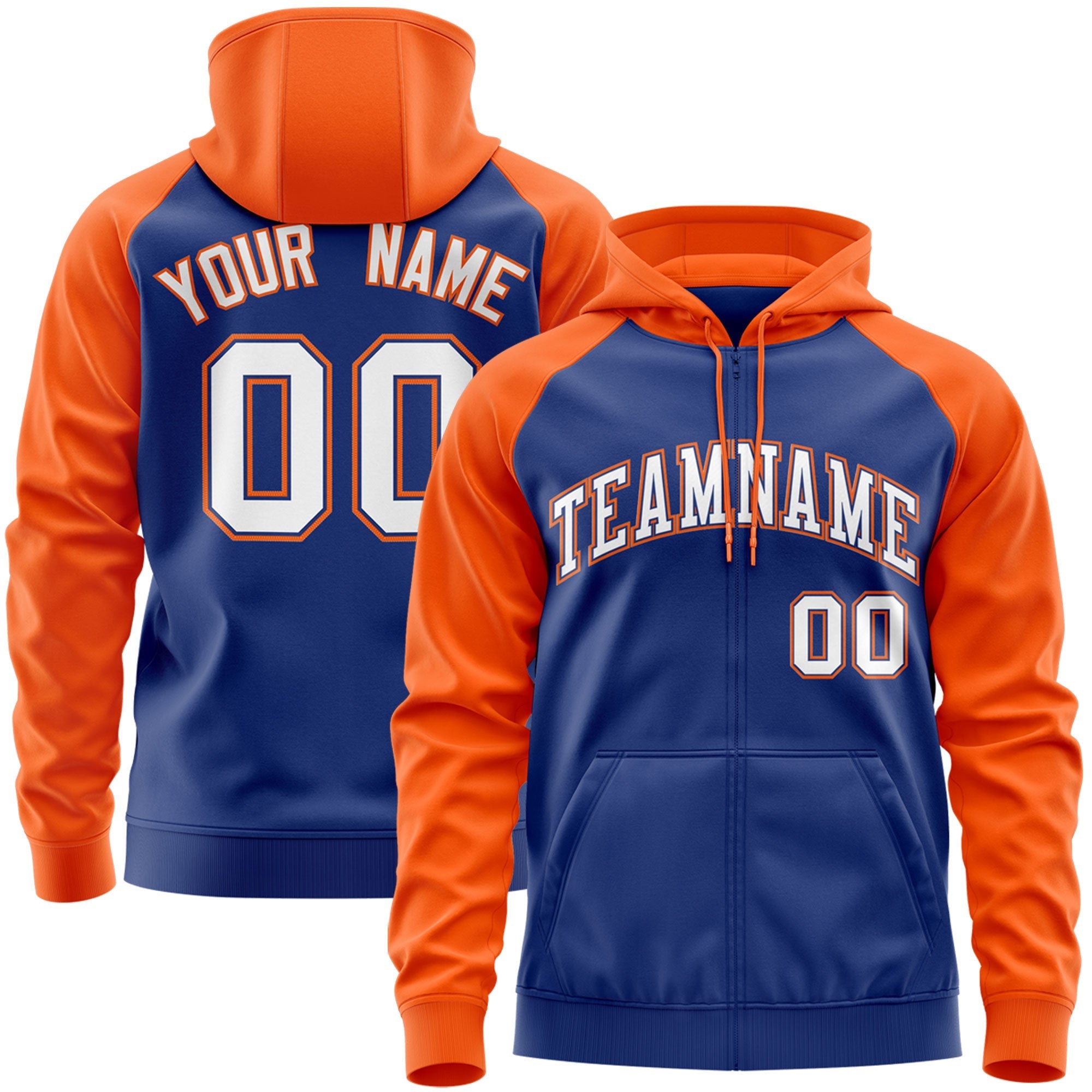 Custom Stitched Royal White-Orange Raglan Sleeves Sports Full-Zip Sweatshirt Hoodie| KXKSHOP