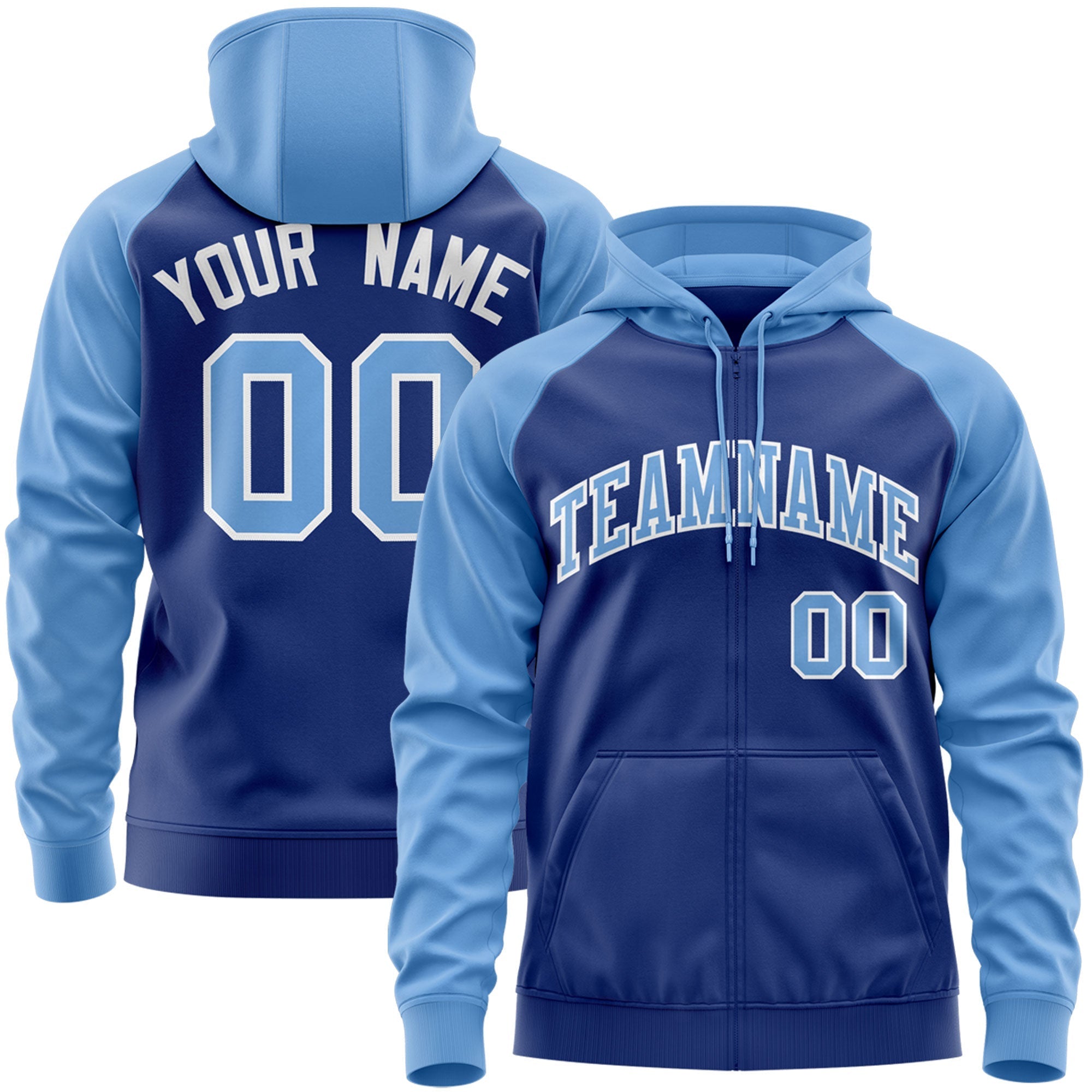 Custom Stitched Royal Light Blue-White Raglan Sleeves Sports Full-Zip Sweatshirt Hoodie| KXKSHOP