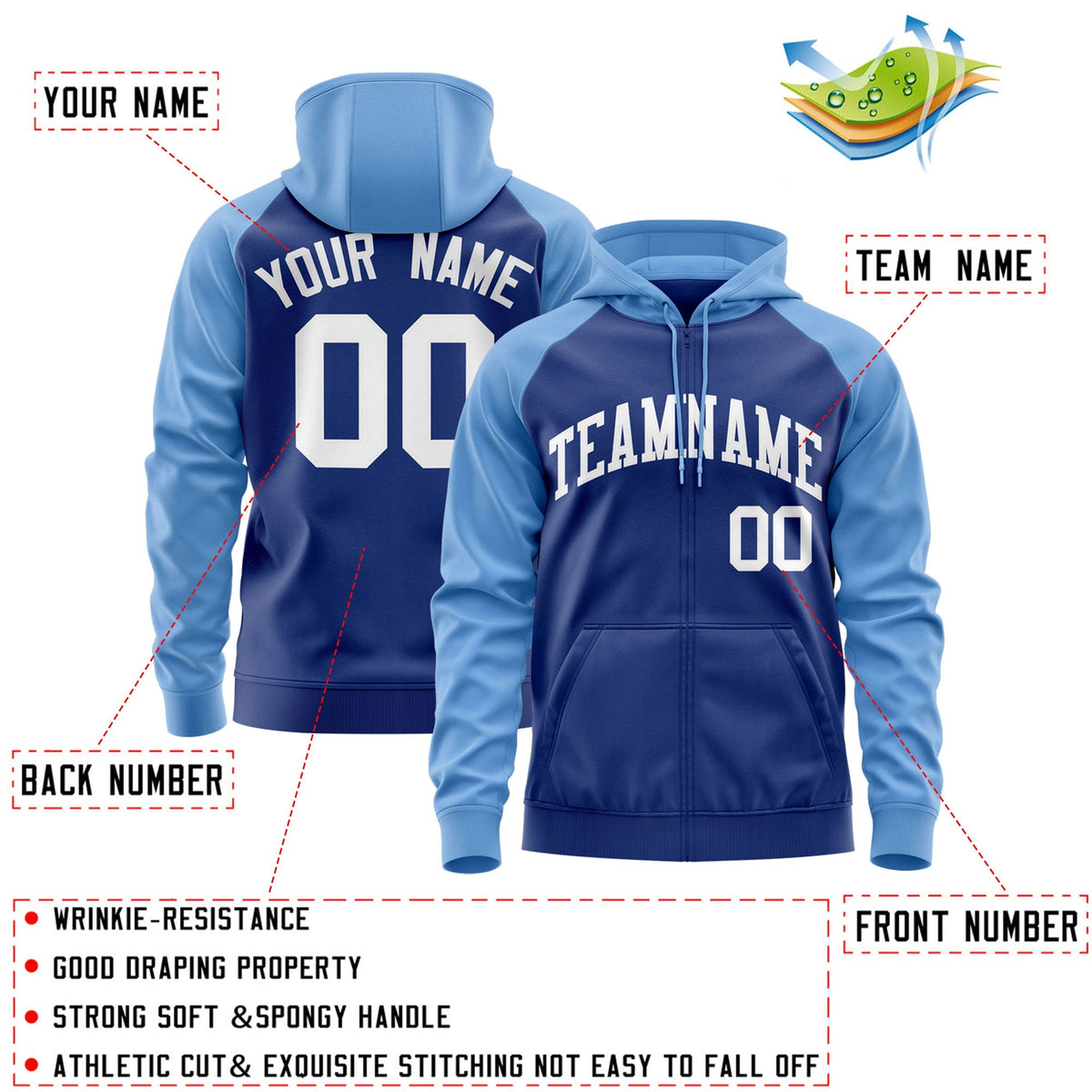 Custom Stitched Royal White-Light Blue Raglan Sleeves Sports Full-Zip Sweatshirt Hoodie| KXKSHOP