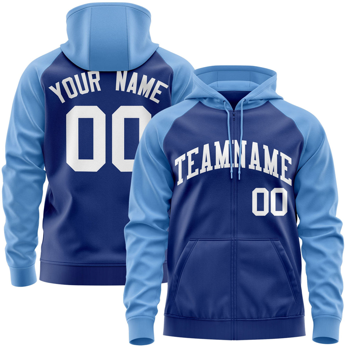 Custom Stitched Royal White-Light Blue Raglan Sleeves Sports Full-Zip Sweatshirt Hoodie| KXKSHOP