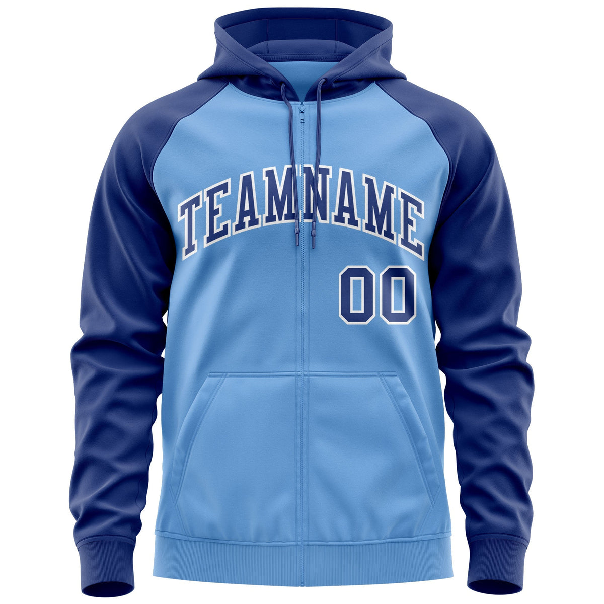 Custom Stitched Light Blue Royal-White Raglan Sleeves Sports Full-Zip Sweatshirt Hoodie| KXKSHOP