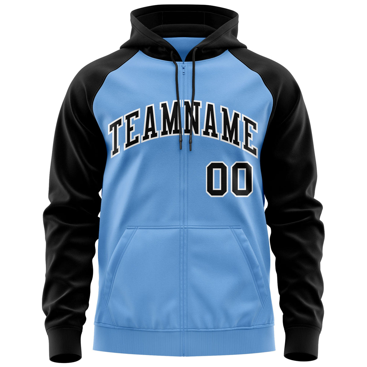 Custom Stitched Light Blue Black-White Raglan Sleeves Sports Full-Zip Sweatshirt Hoodie| KXKSHOP
