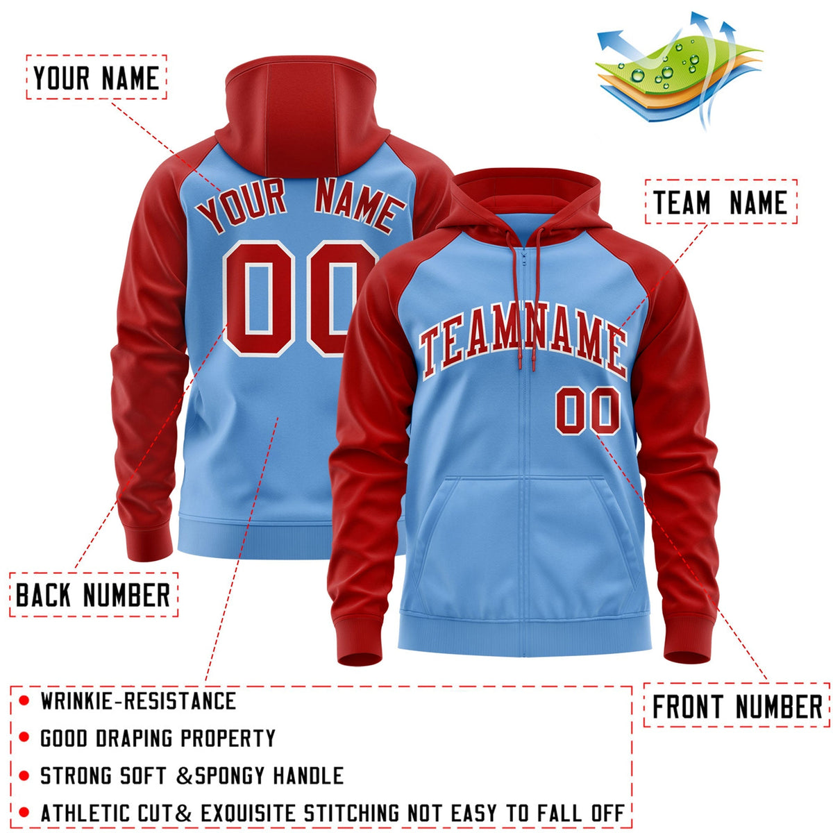 Custom Stitched Light Blue Red-White Raglan Sleeves Sports Full-Zip Sweatshirt Hoodie| KXKSHOP