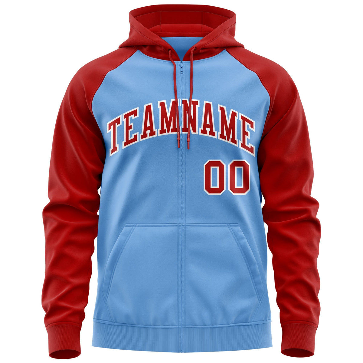 Custom Stitched Light Blue Red-White Raglan Sleeves Sports Full-Zip Sweatshirt Hoodie| KXKSHOP