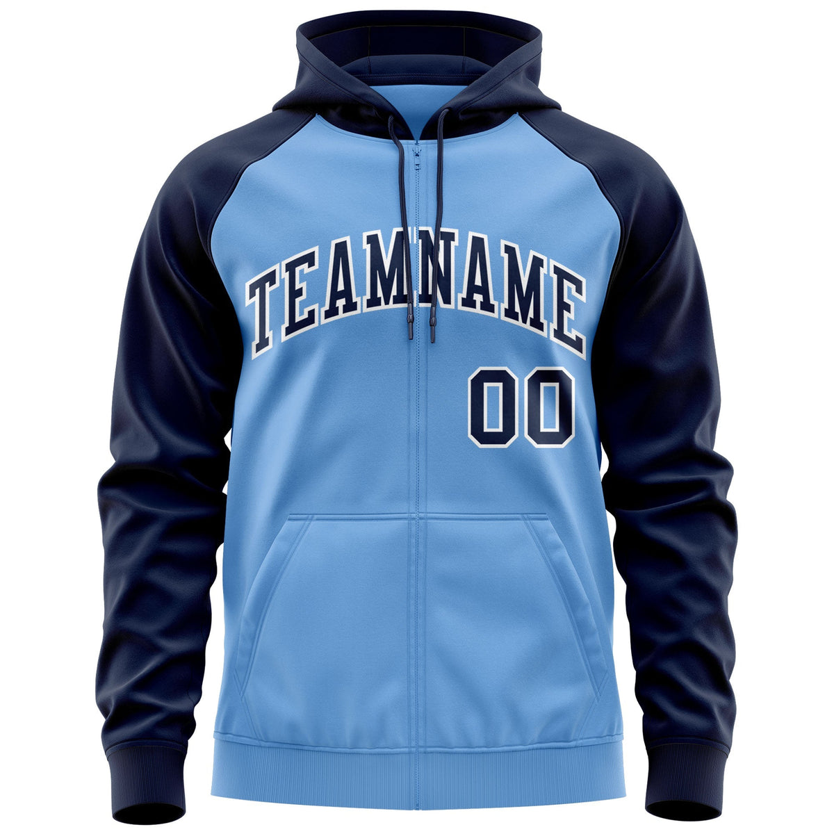 Custom Stitched Light Blue Navy-White Raglan Sleeves Sports Full-Zip Sweatshirt Hoodie| KXKSHOP