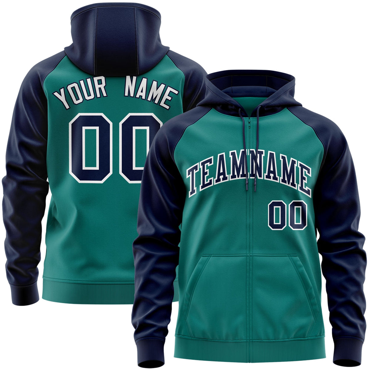 Custom Stitched Aqua Navy-White Raglan Sleeves Sports Full-Zip Sweatshirt Hoodie| KXKSHOP