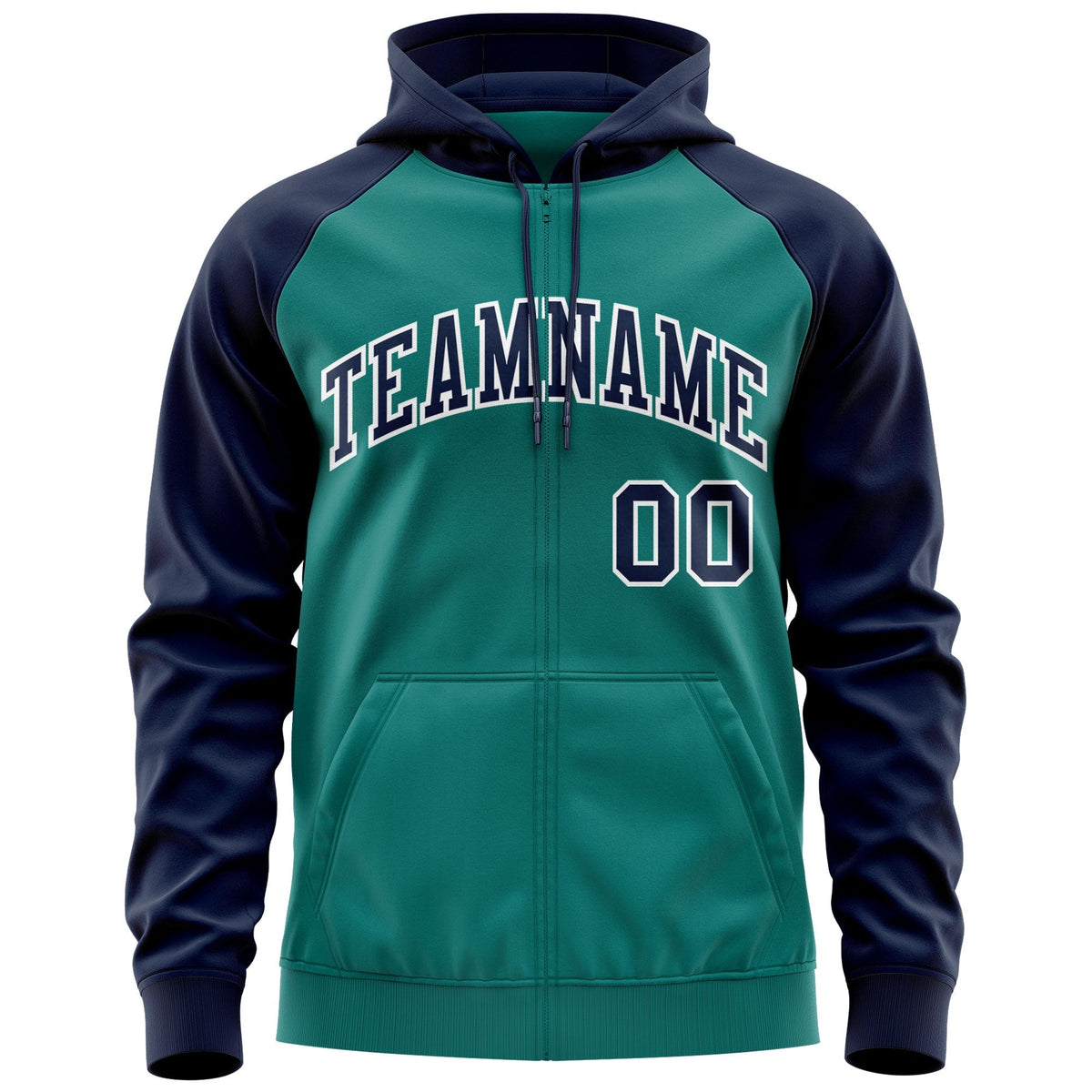Custom Stitched Aqua Navy-White Raglan Sleeves Sports Full-Zip Sweatshirt Hoodie| KXKSHOP