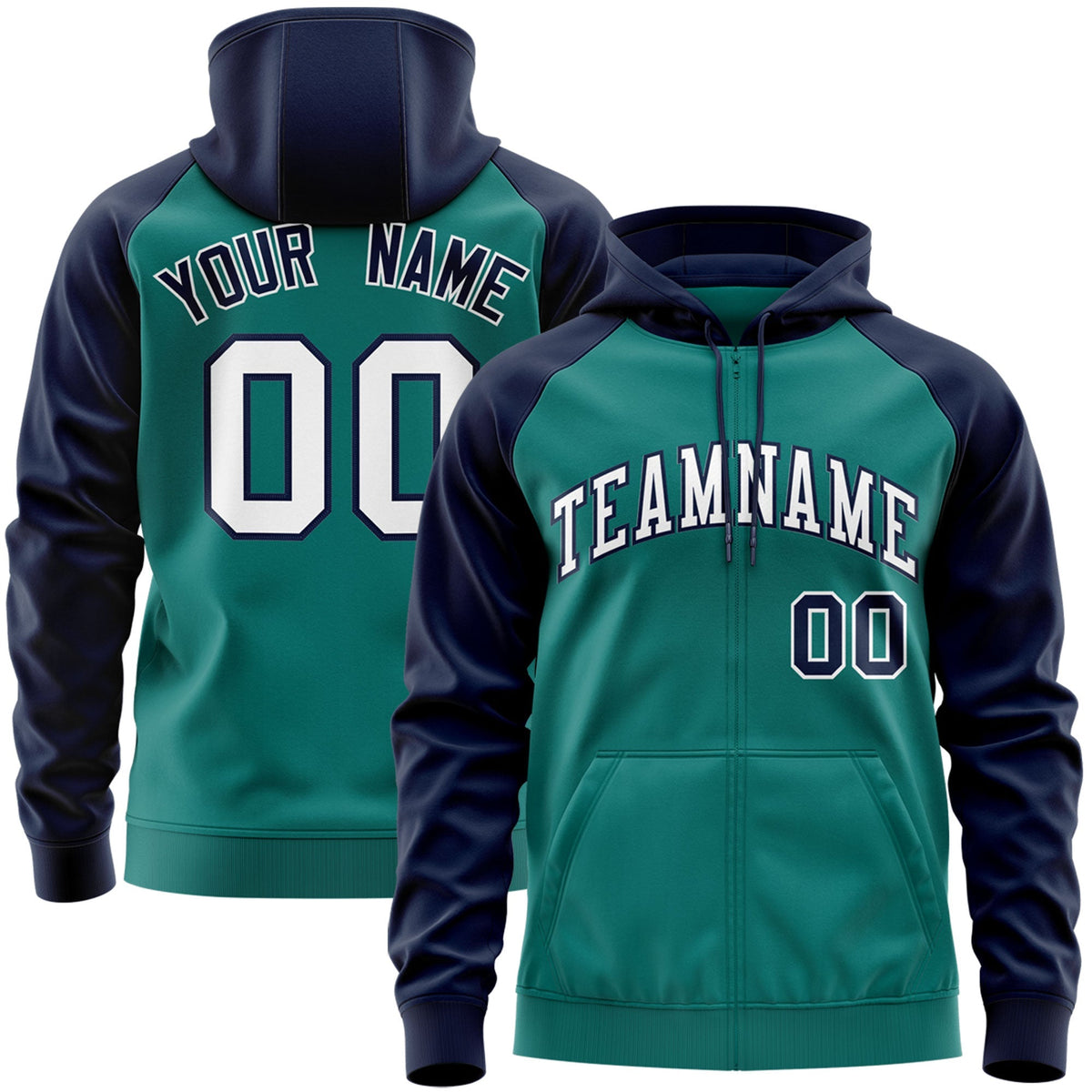 Custom Stitched Aqua White-Navy Raglan Sleeves Sports Full-Zip Sweatshirt Hoodie| KXKSHOP