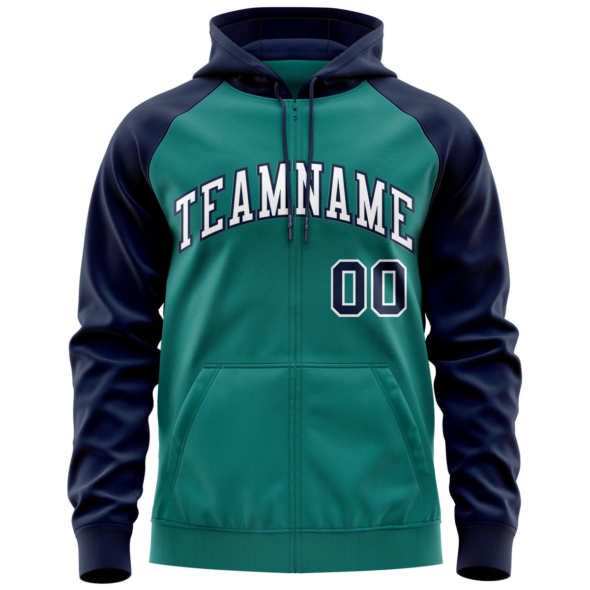 Custom Stitched Aqua White-Navy Raglan Sleeves Sports Full-Zip Sweatshirt Hoodie| KXKSHOP