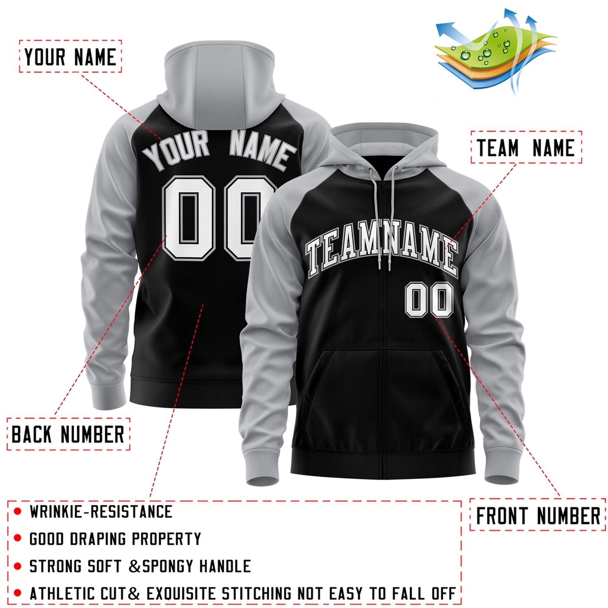 Custom Stitched Black White-Gray Raglan Sleeves Sports Full-Zip Sweatshirt Hoodie| KXKSHOP