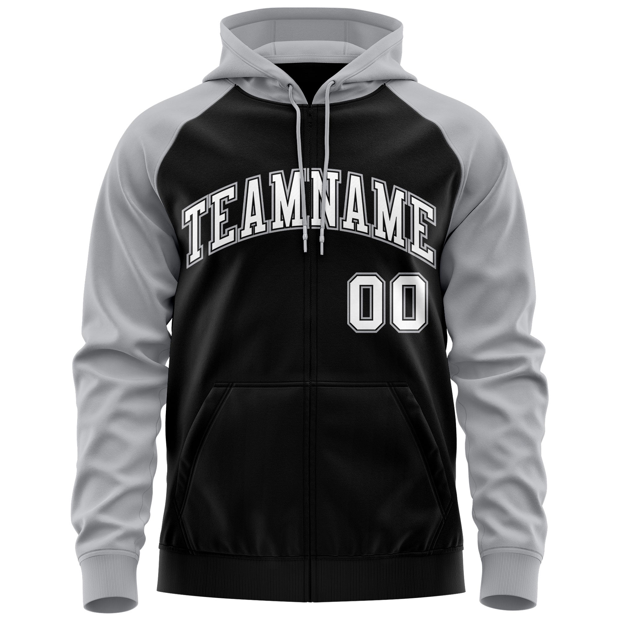 Custom Stitched Black White-Gray Raglan Sleeves Sports Full-Zip Sweatshirt Hoodie| KXKSHOP