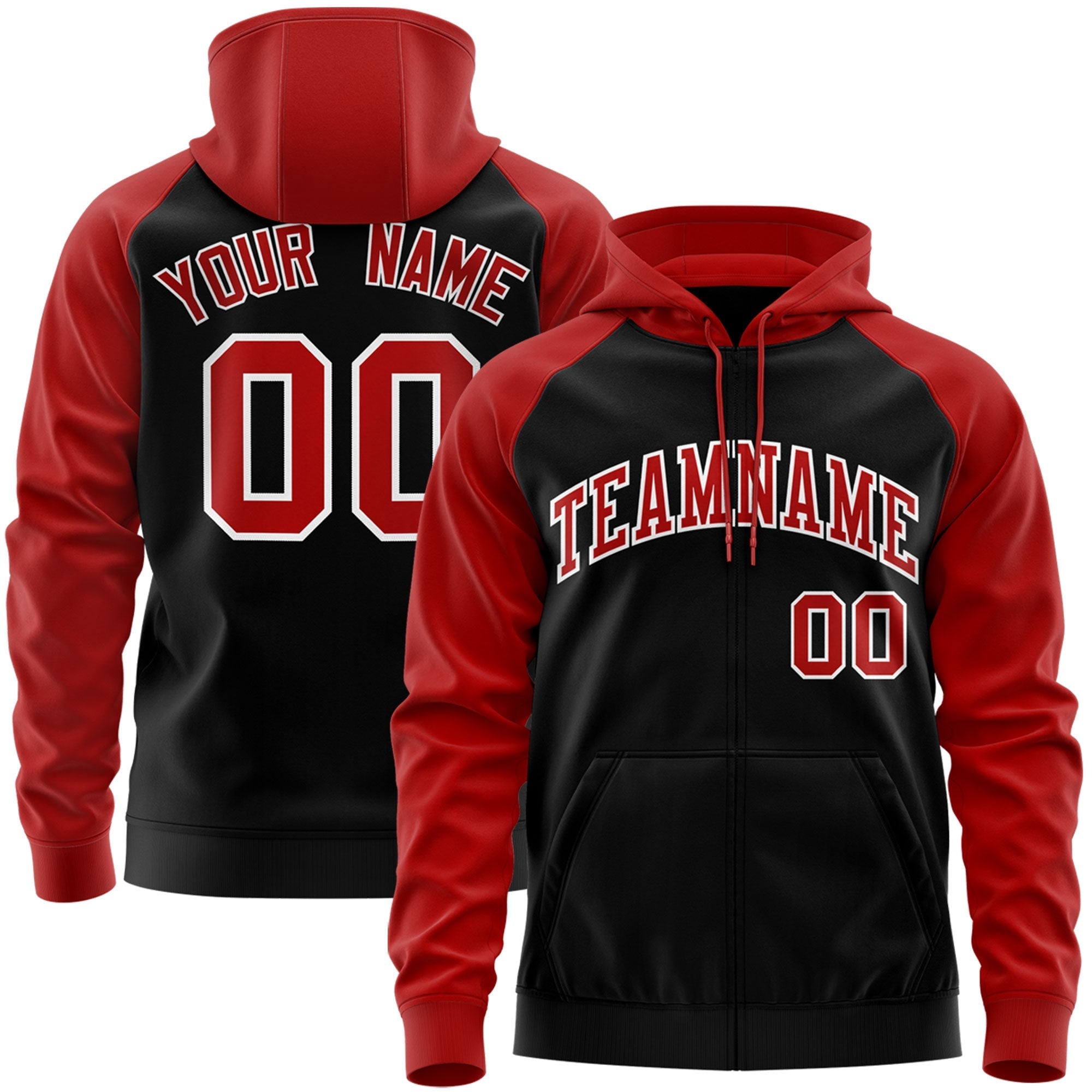 Custom Stitched Black Red-White Raglan Sleeves Sports Full-Zip Sweatshirt Hoodie| KXKSHOP