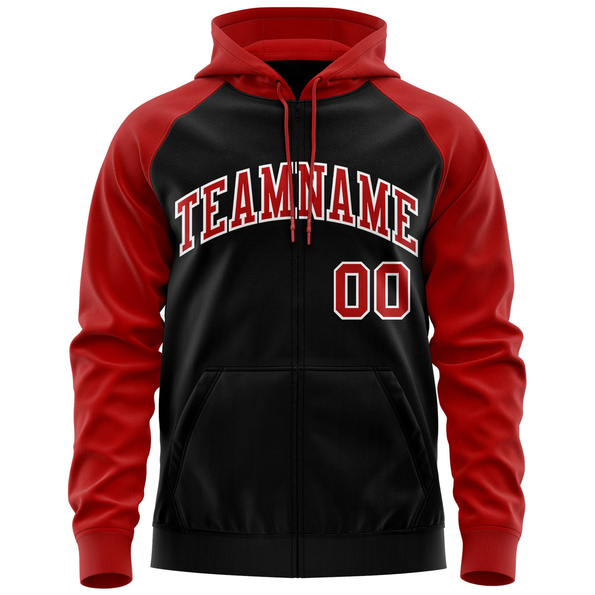 Custom Stitched Black Red-White Raglan Sleeves Sports Full-Zip Sweatshirt Hoodie| KXKSHOP