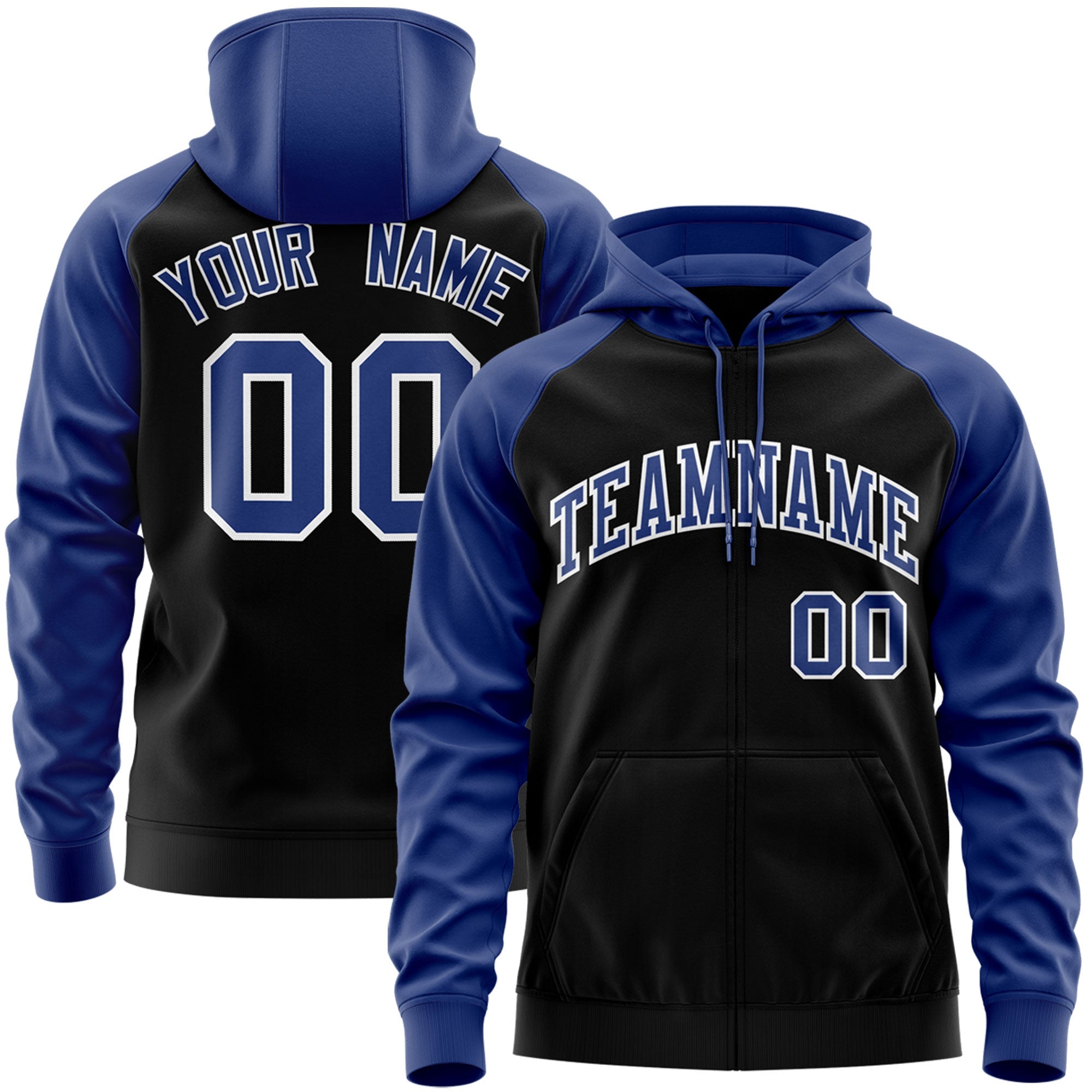 Custom Stitched Black Royal-White Raglan Sleeves Sports Full-Zip Sweatshirt Hoodie| KXKSHOP