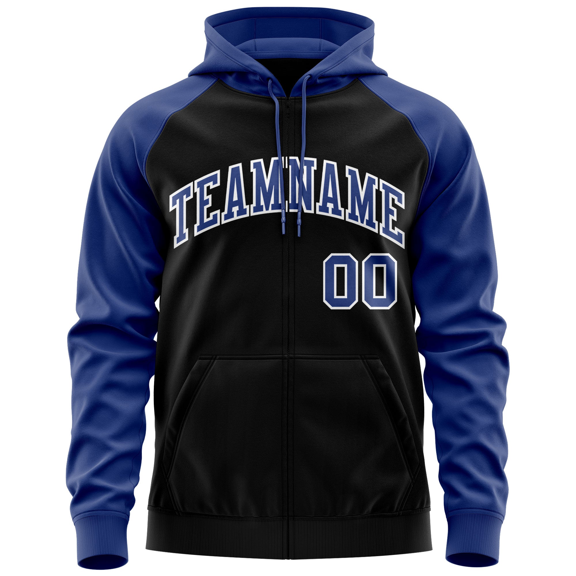 Custom Stitched Black Royal-White Raglan Sleeves Sports Full-Zip Sweatshirt Hoodie| KXKSHOP