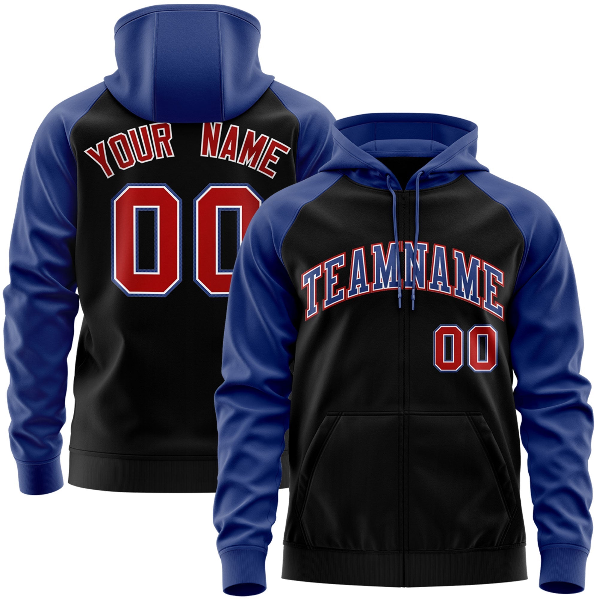 Custom Stitched Black Royal-Red Raglan Sleeves Sports Full-Zip Sweatshirt Hoodie| KXKSHOP