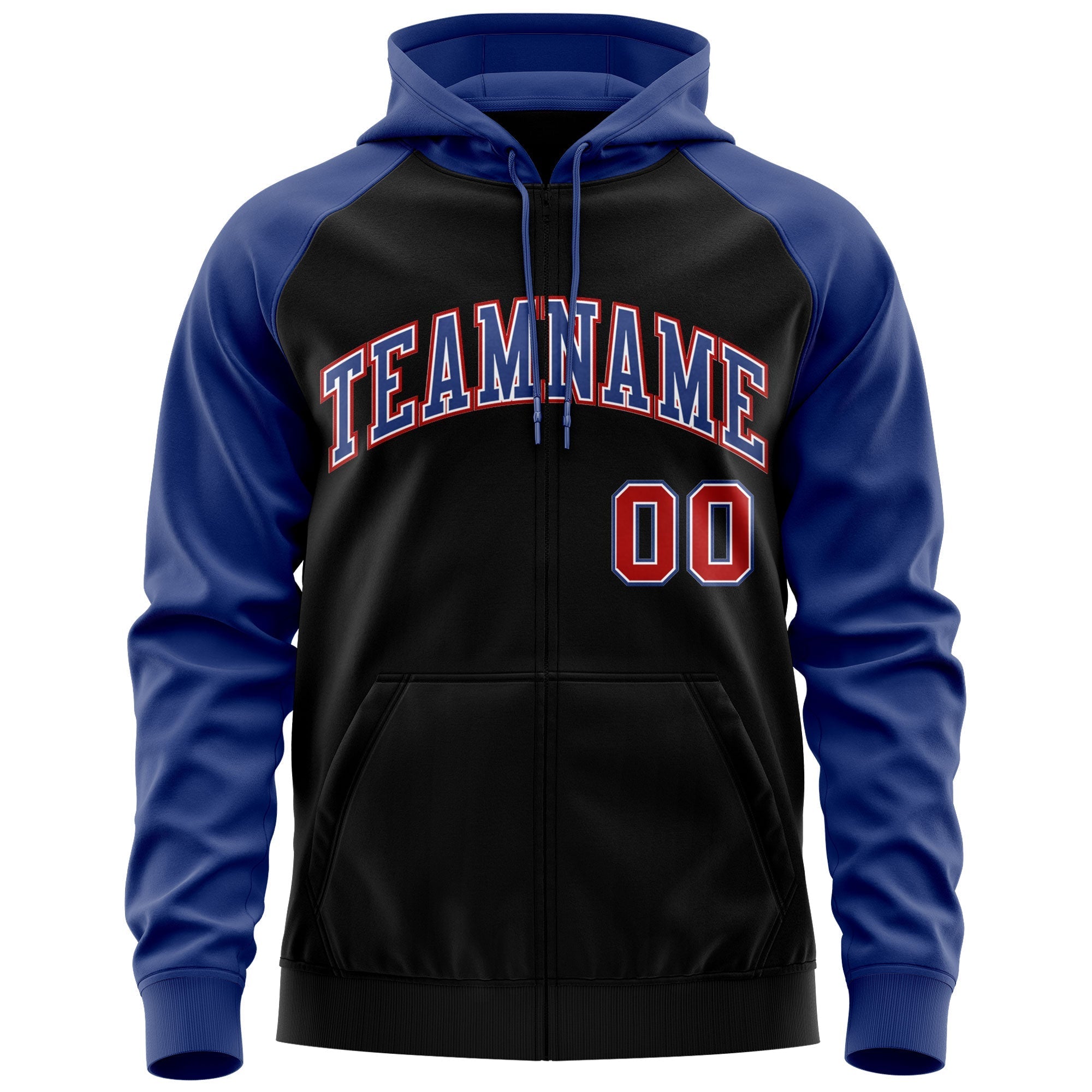 Custom Stitched Black Royal-Red Raglan Sleeves Sports Full-Zip Sweatshirt Hoodie| KXKSHOP