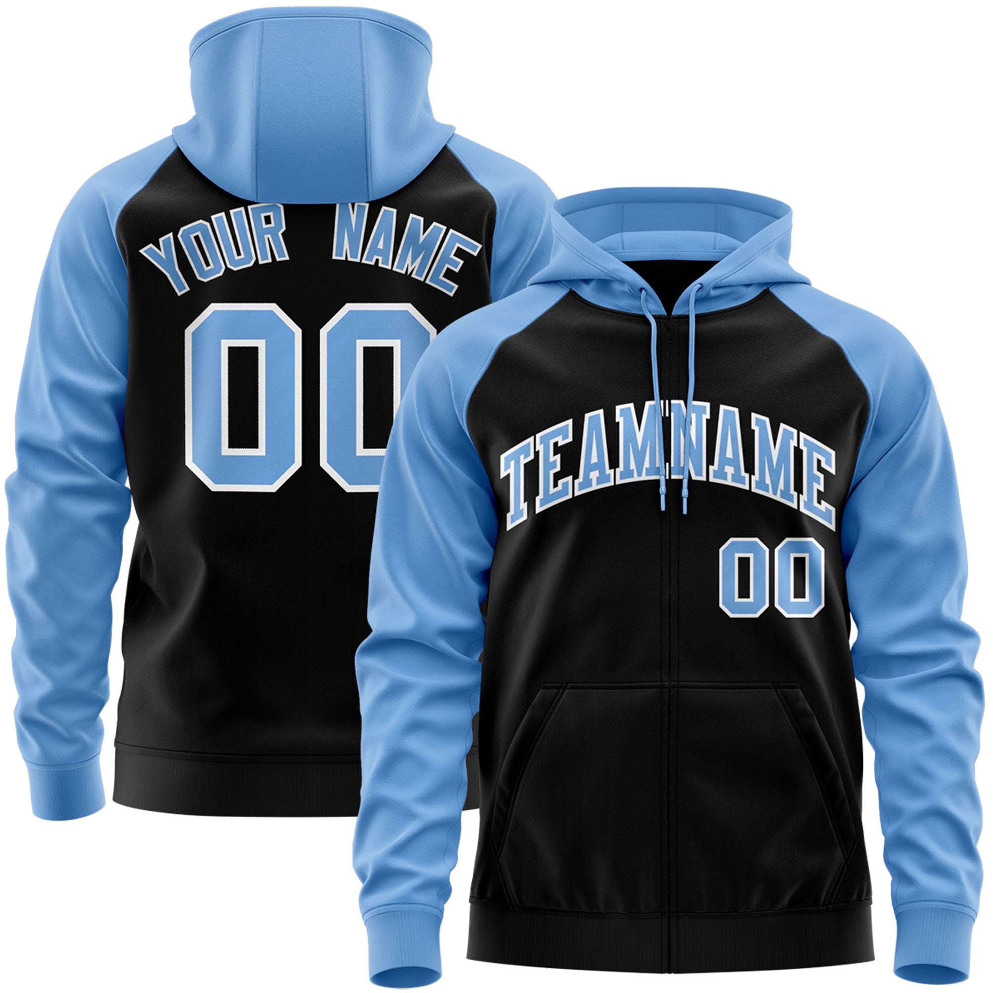 Custom Stitched Black Powder Blue-White Raglan Sleeves Sports Full-Zip Sweatshirt Hoodie| KXKSHOP