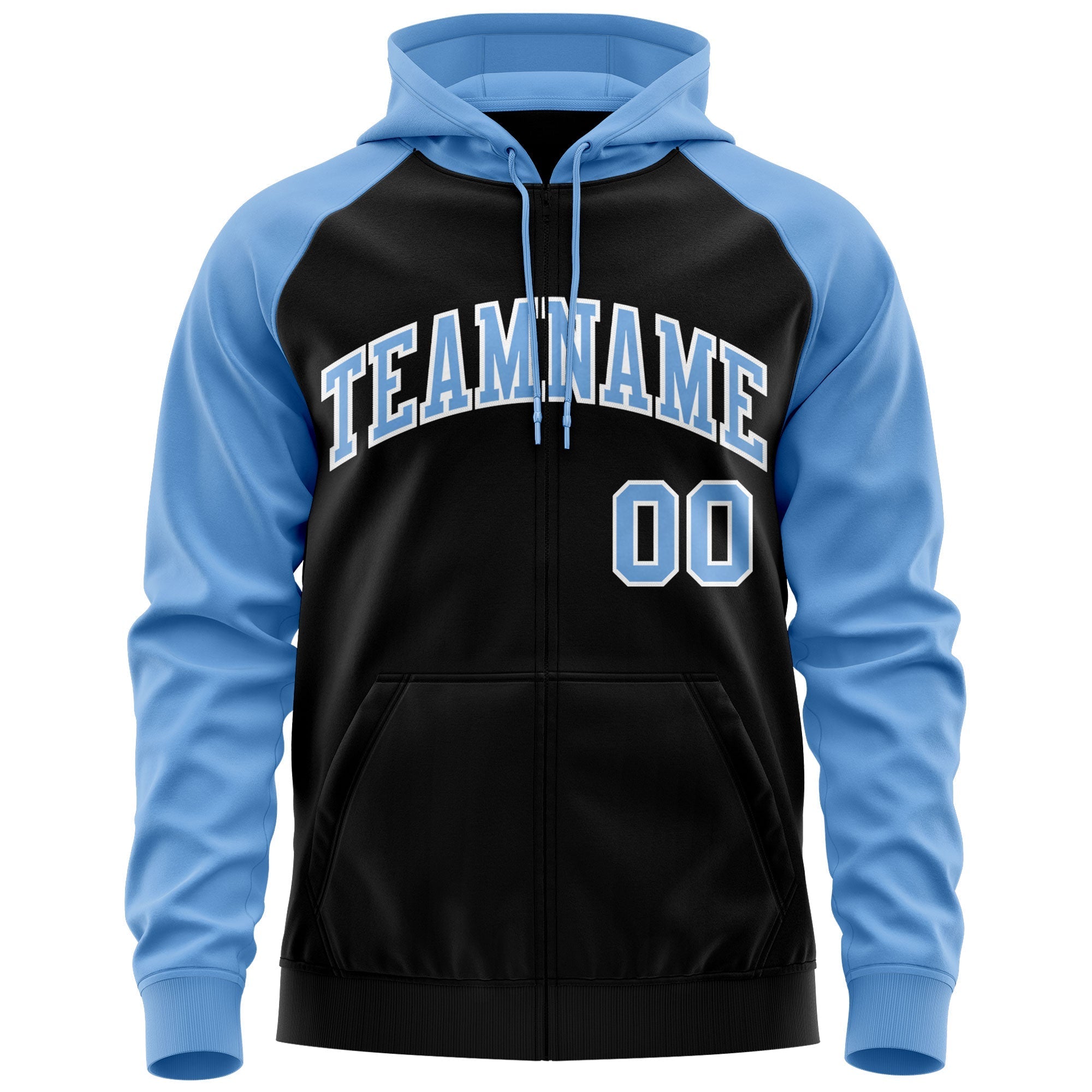 Custom Stitched Black Powder Blue-White Raglan Sleeves Sports Full-Zip Sweatshirt Hoodie| KXKSHOP