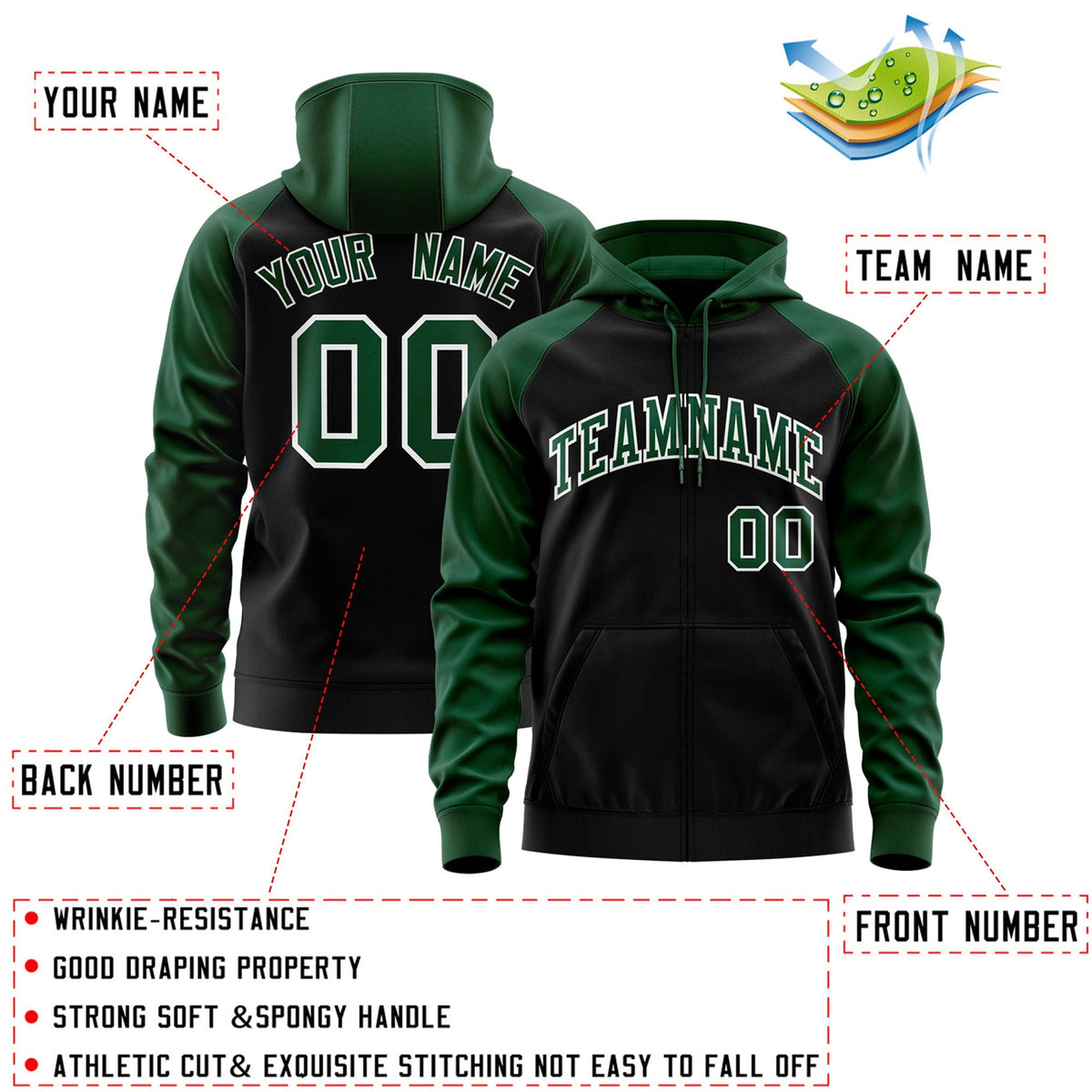 Custom Stitched Black Green-White Raglan Sleeves Sports Full-Zip Sweatshirt Hoodie| KXKSHOP