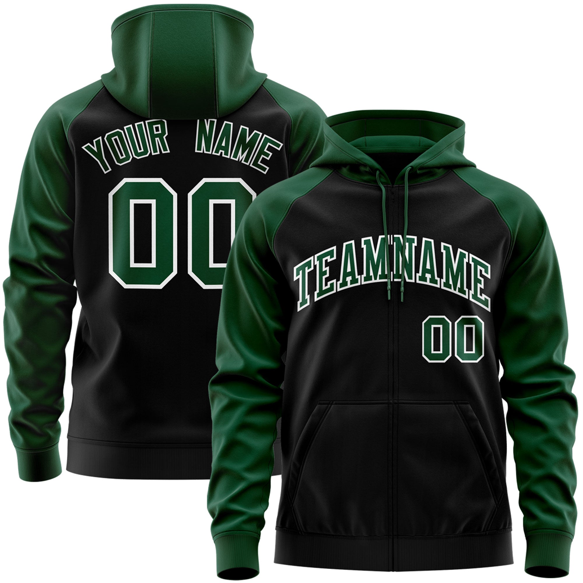Custom Stitched Black Green-White Raglan Sleeves Sports Full-Zip Sweatshirt Hoodie| KXKSHOP