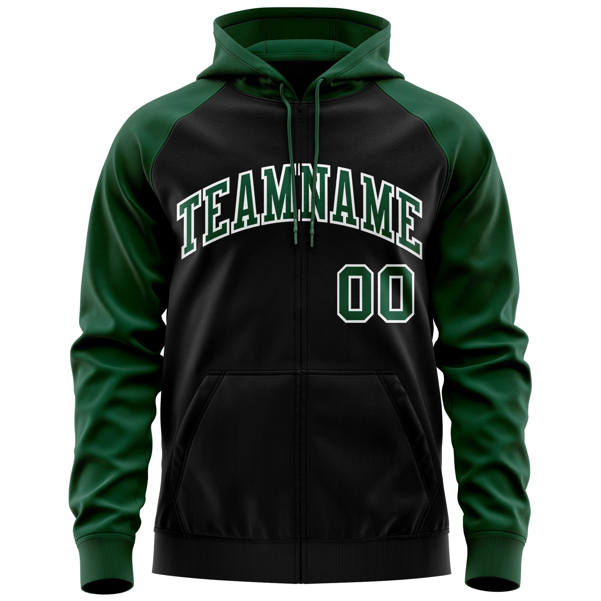Custom Stitched Black Green-White Raglan Sleeves Sports Full-Zip Sweatshirt Hoodie| KXKSHOP