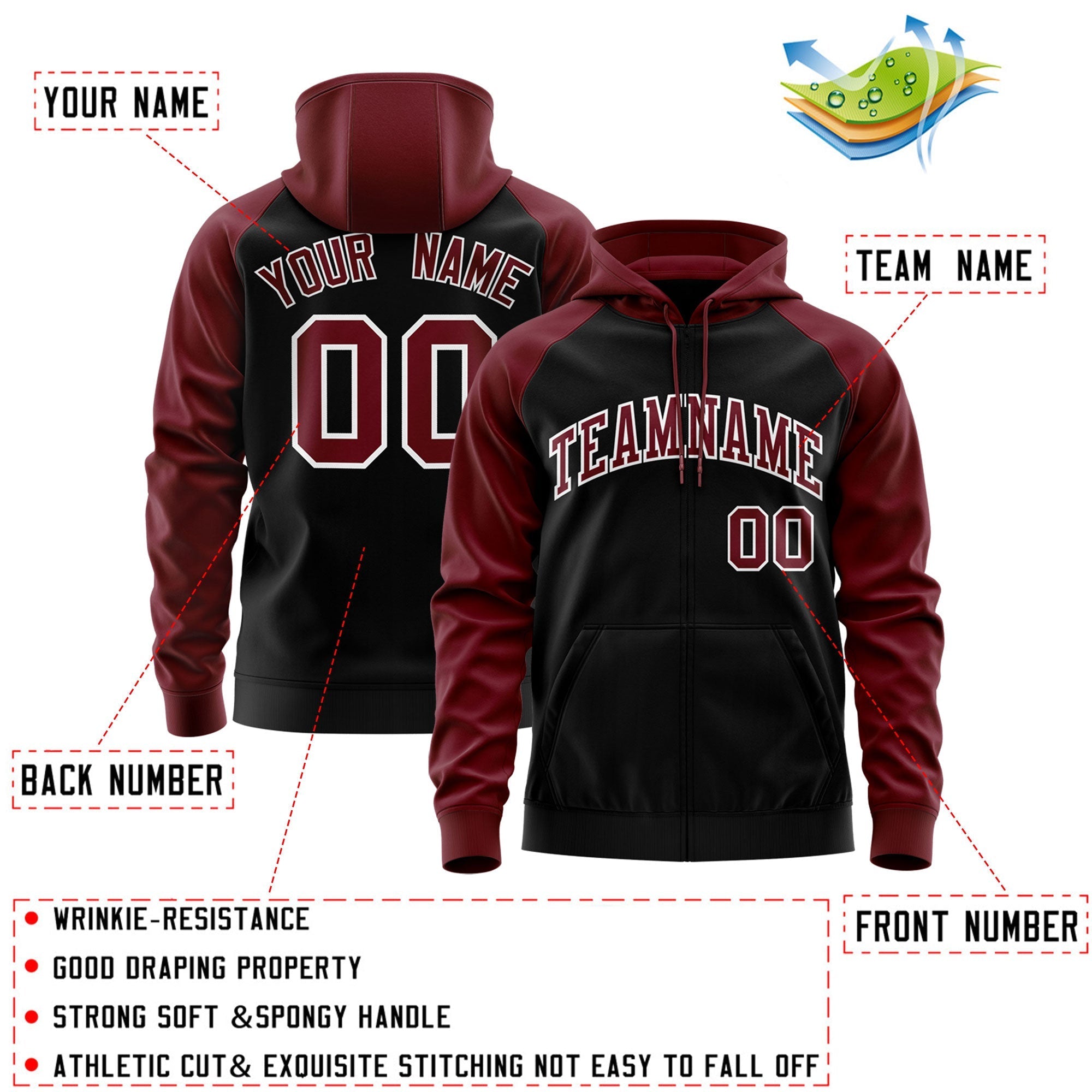 Custom Stitched Black Crimson-White Raglan Sleeves Sports Full-Zip Sweatshirt Hoodie| KXKSHOP