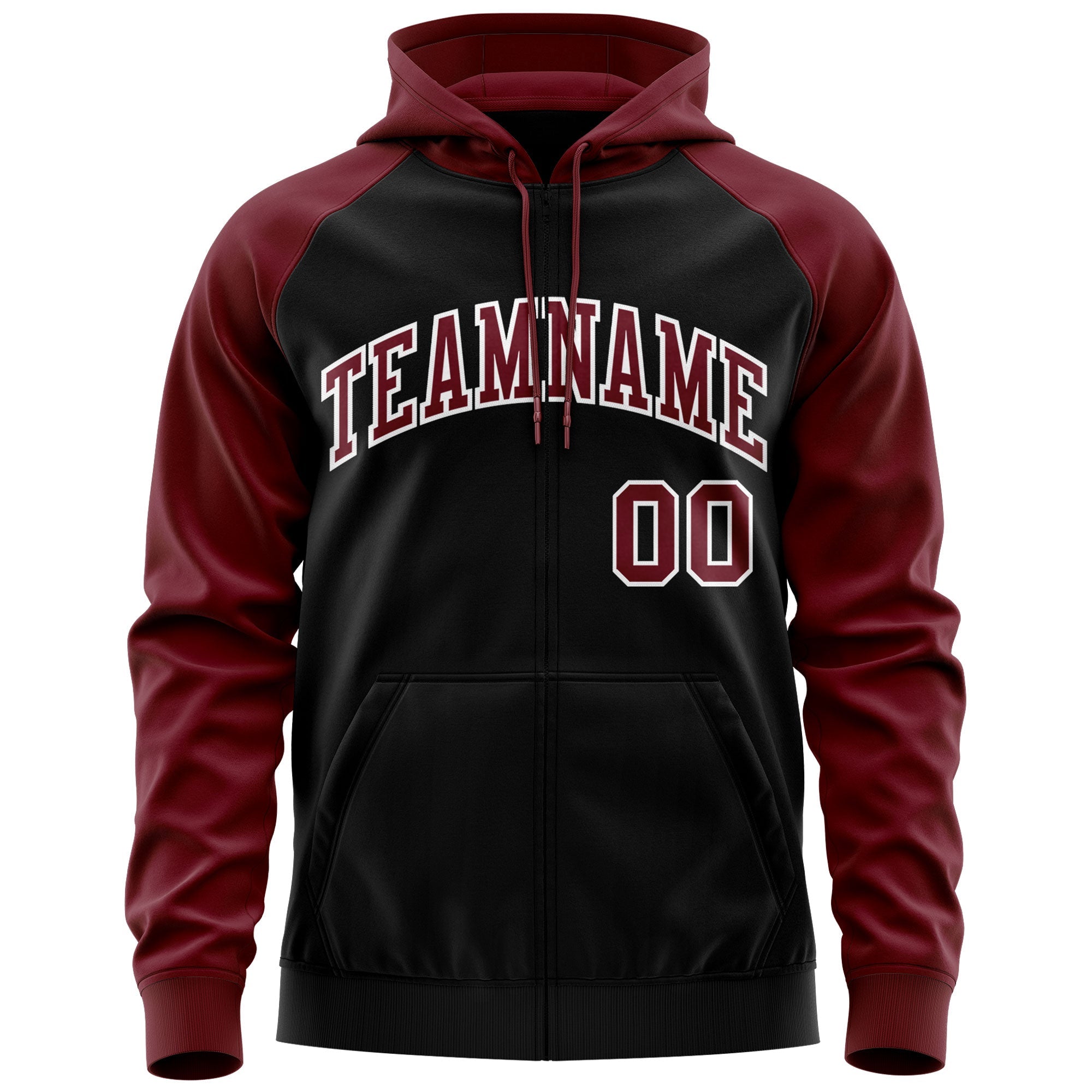 Custom Stitched Black Crimson-White Raglan Sleeves Sports Full-Zip Sweatshirt Hoodie| KXKSHOP
