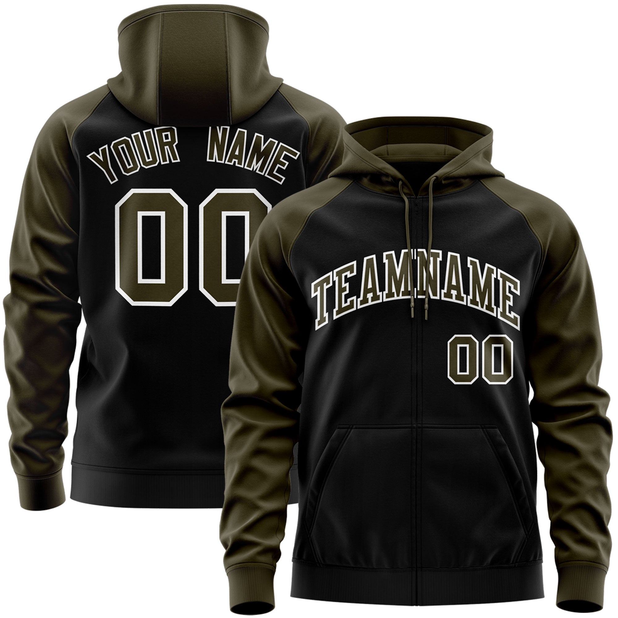 Custom Stitched Black Olive-White Raglan Sleeves Sports Full-Zip Sweatshirt Hoodie| KXKSHOP