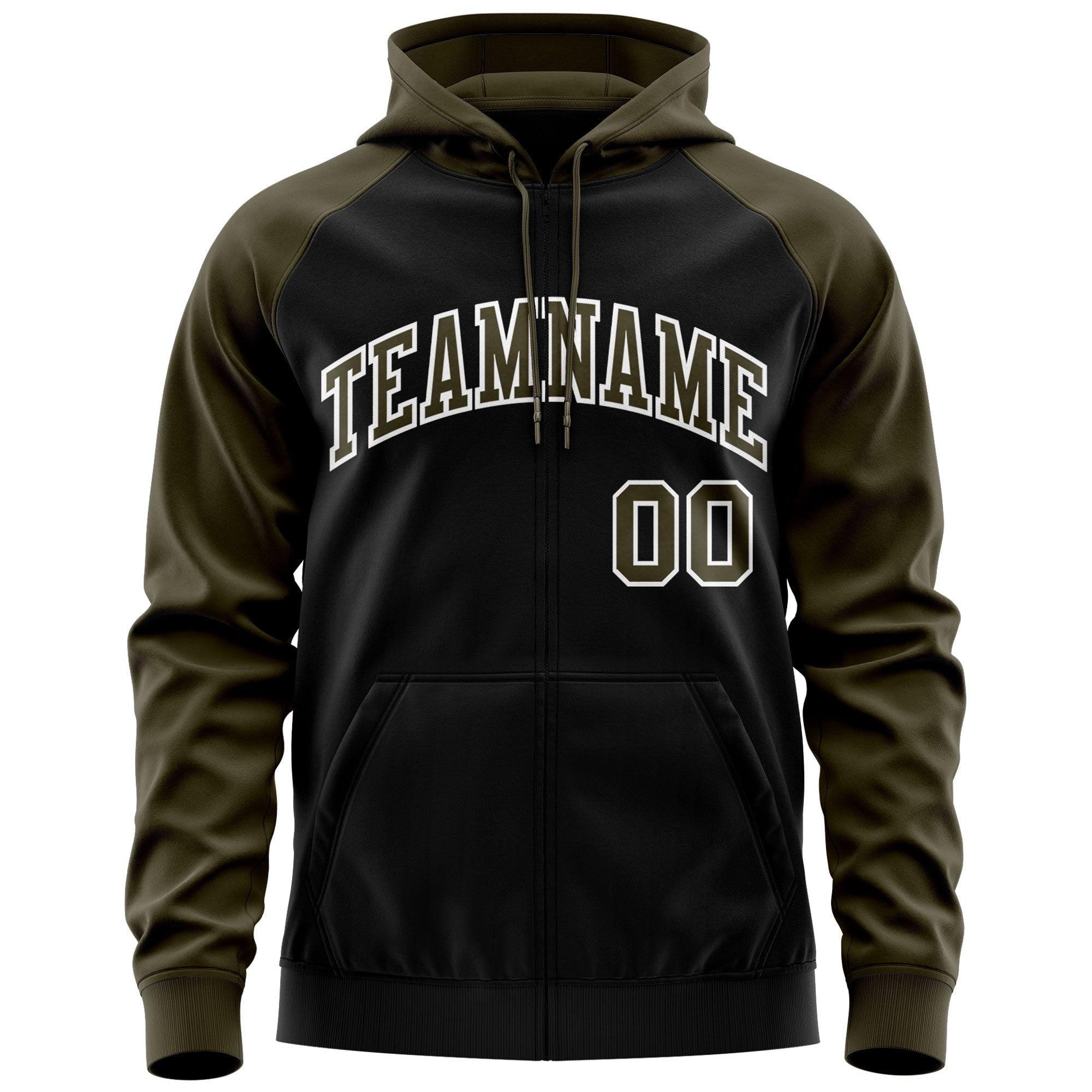 Custom Stitched Black Olive-White Raglan Sleeves Sports Full-Zip Sweatshirt Hoodie| KXKSHOP
