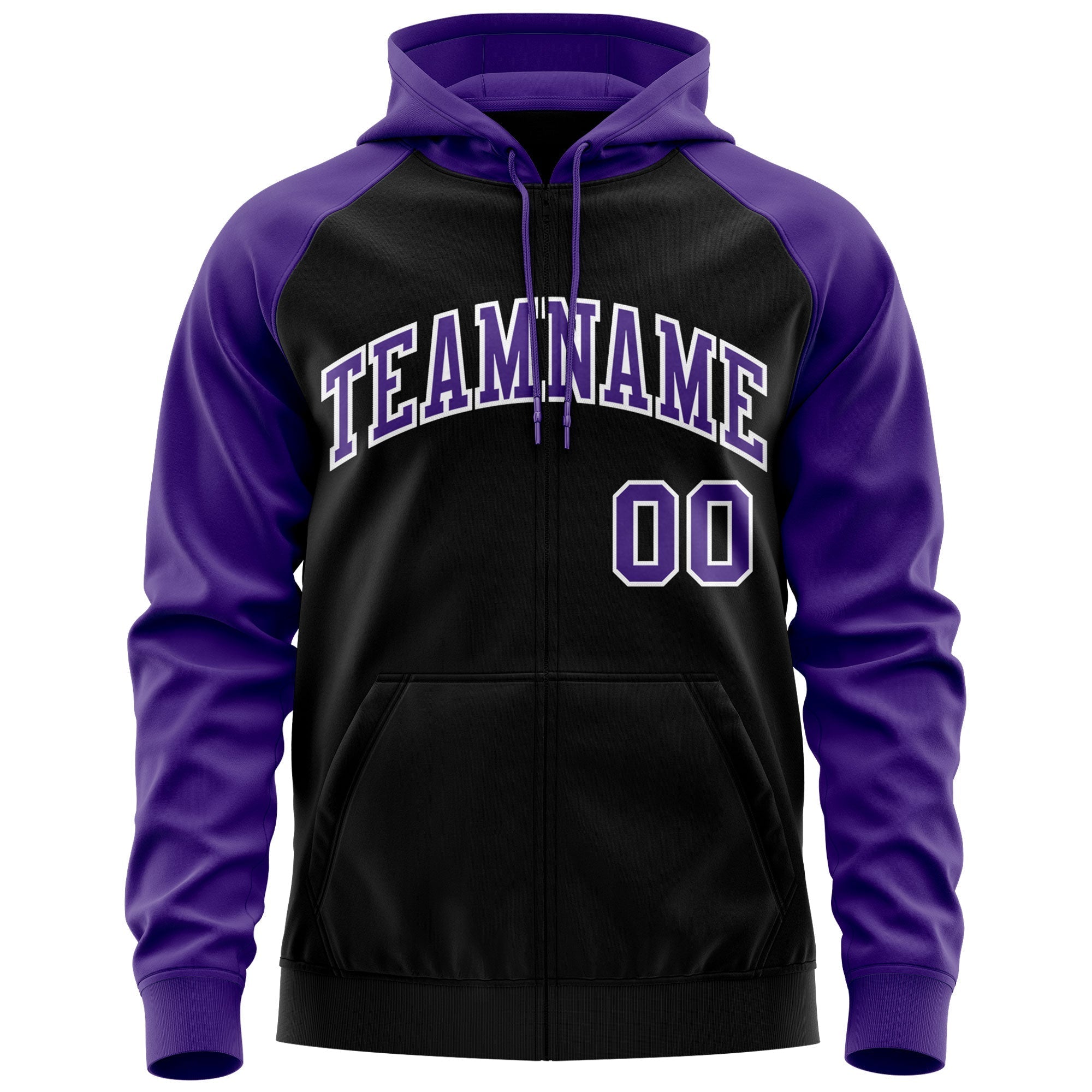 Custom Stitched Black Purple-White Raglan Sleeves Sports Full-Zip Sweatshirt Hoodie| KXKSHOP