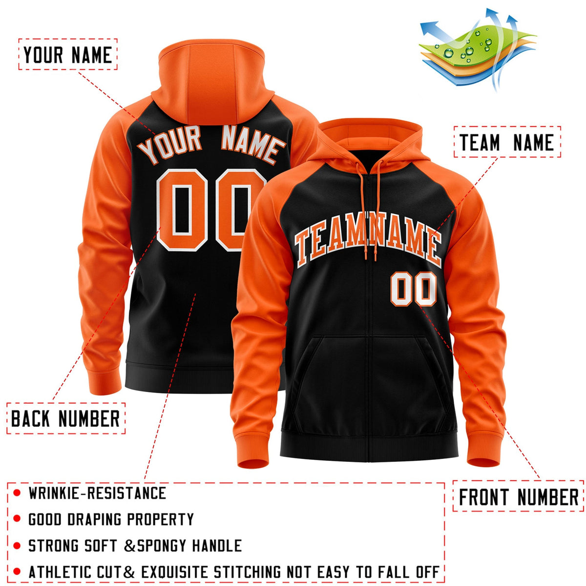 Custom Stitched Black Orange-White Raglan Sleeves Sports Full-Zip Sweatshirt Hoodie| KXKSHOP