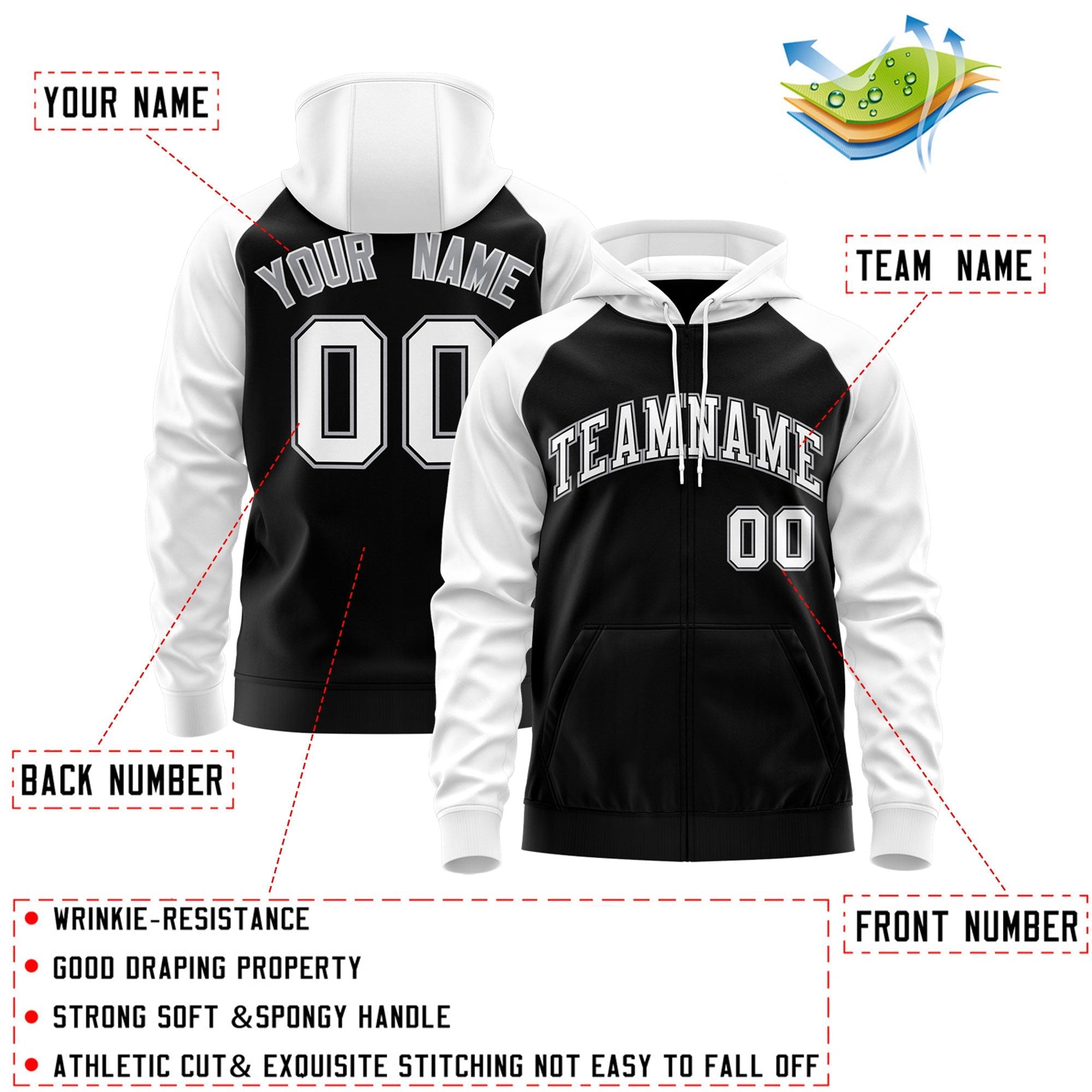 Custom Stitched Black White-Gray Raglan Sleeves Sports Full-Zip Sweatshirt Hoodie| KXKSHOP