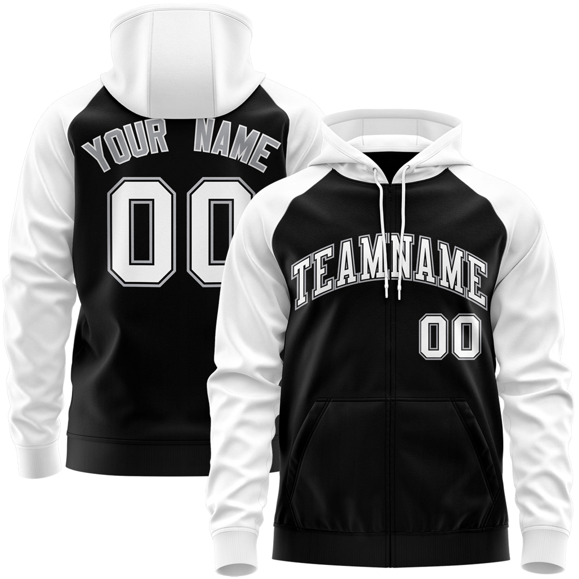 Custom Stitched Black White-Gray Raglan Sleeves Sports Full-Zip Sweatshirt Hoodie| KXKSHOP