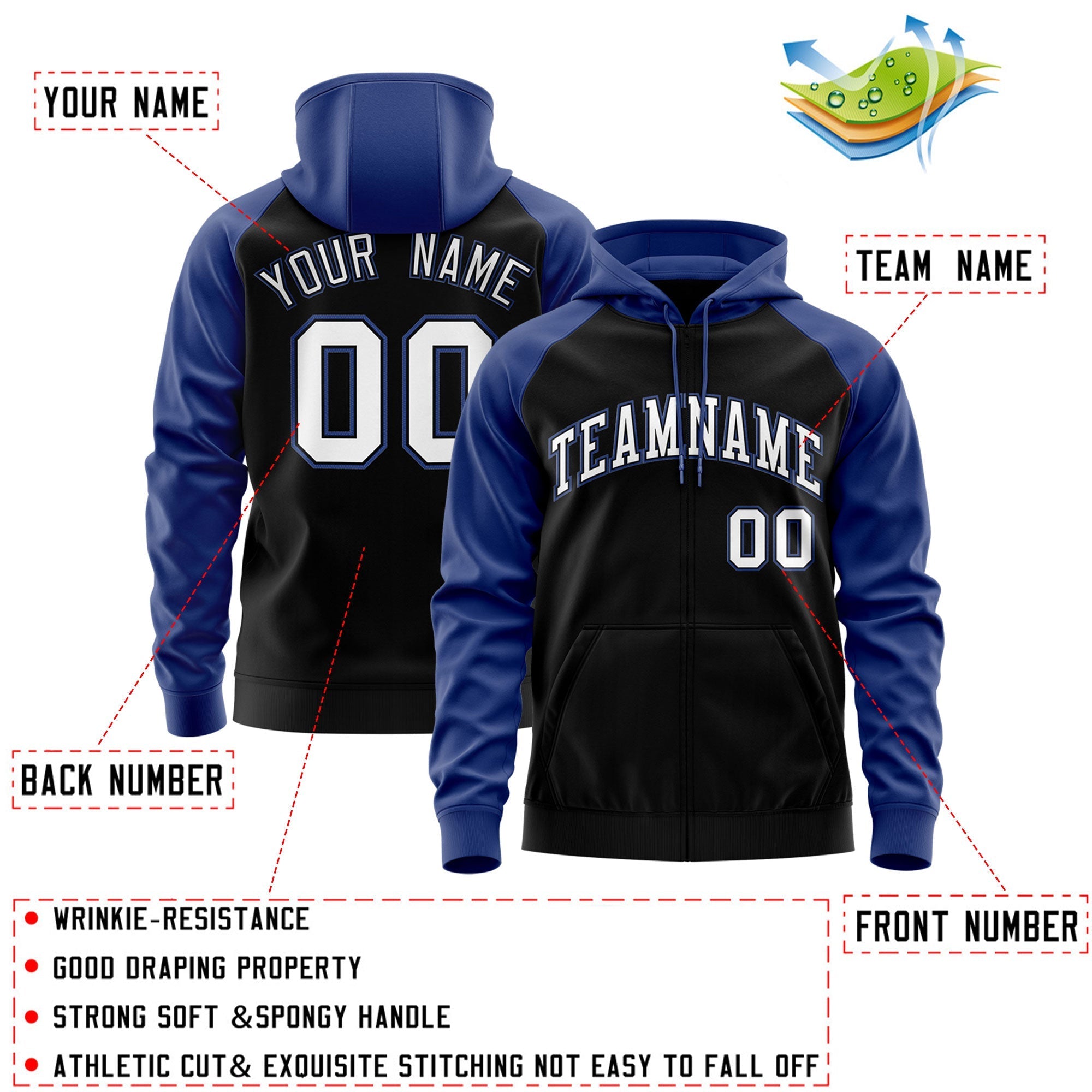 Custom Stitched Black White-Royal Raglan Sleeves Sports Full-Zip Sweatshirt Hoodie| KXKSHOP